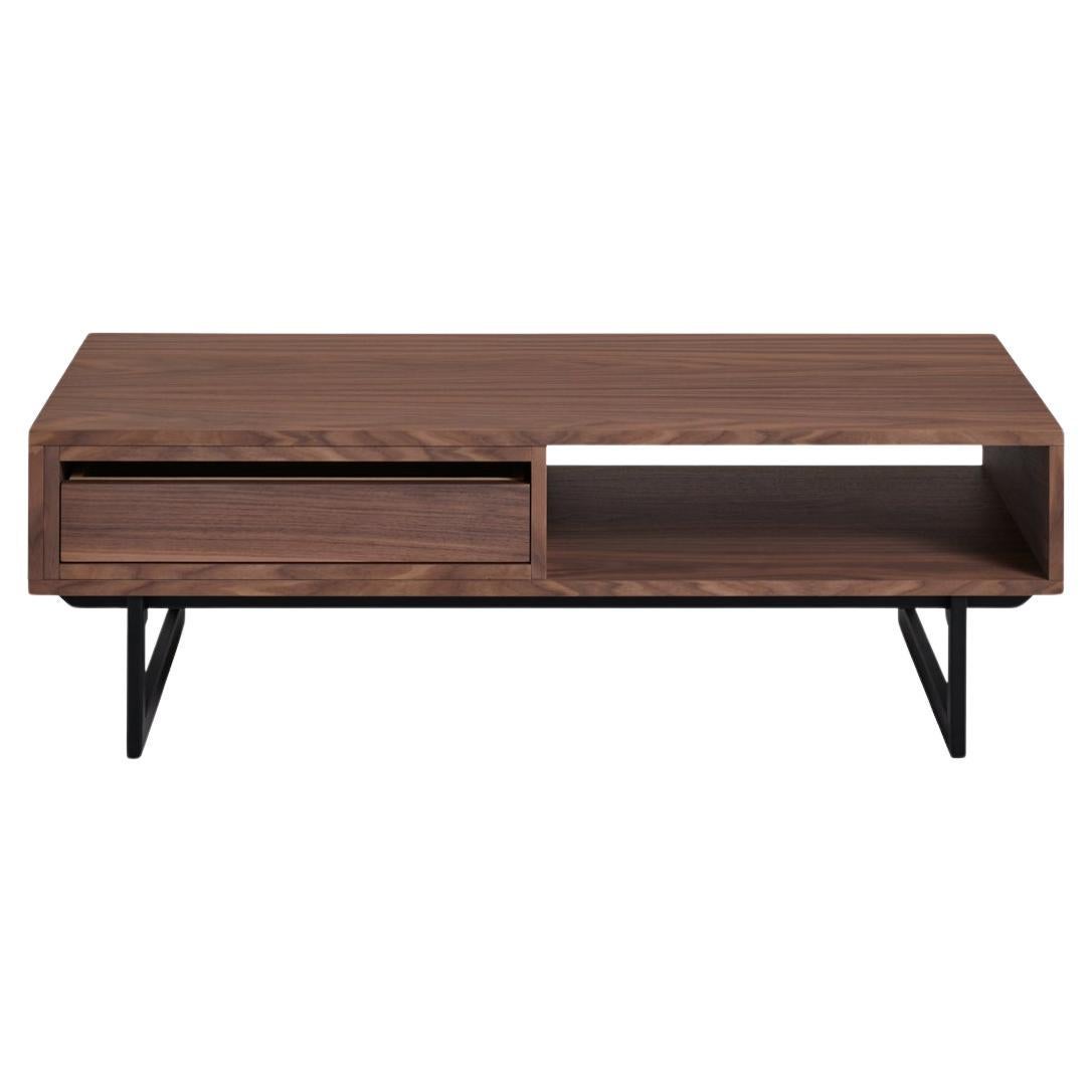1-drawer coffee table in walnut & black iron feet, design by Christophe Lecomte For Sale