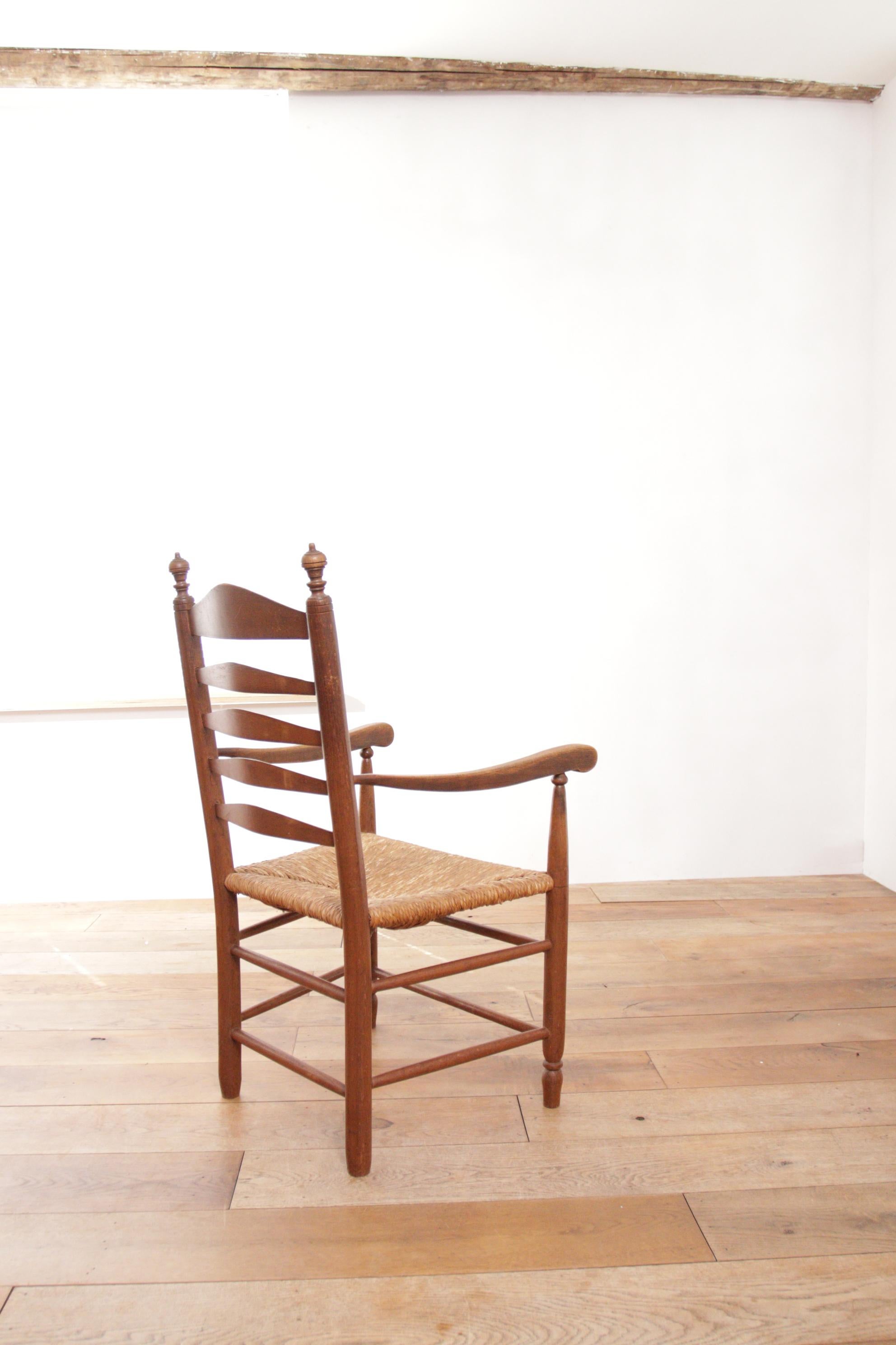 1 Dutch Ladder Back Oak Rush Seat Armchair 1950's For Sale 6