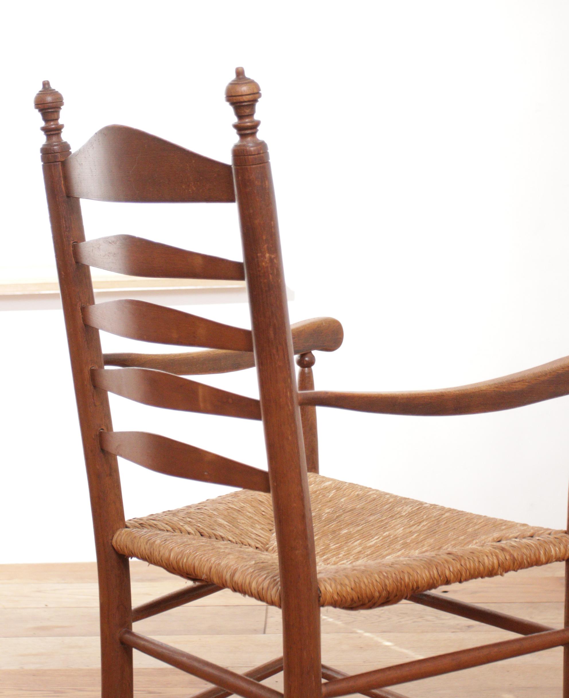 1 Dutch Ladder Back Oak Rush Seat Armchair 1950's For Sale 7