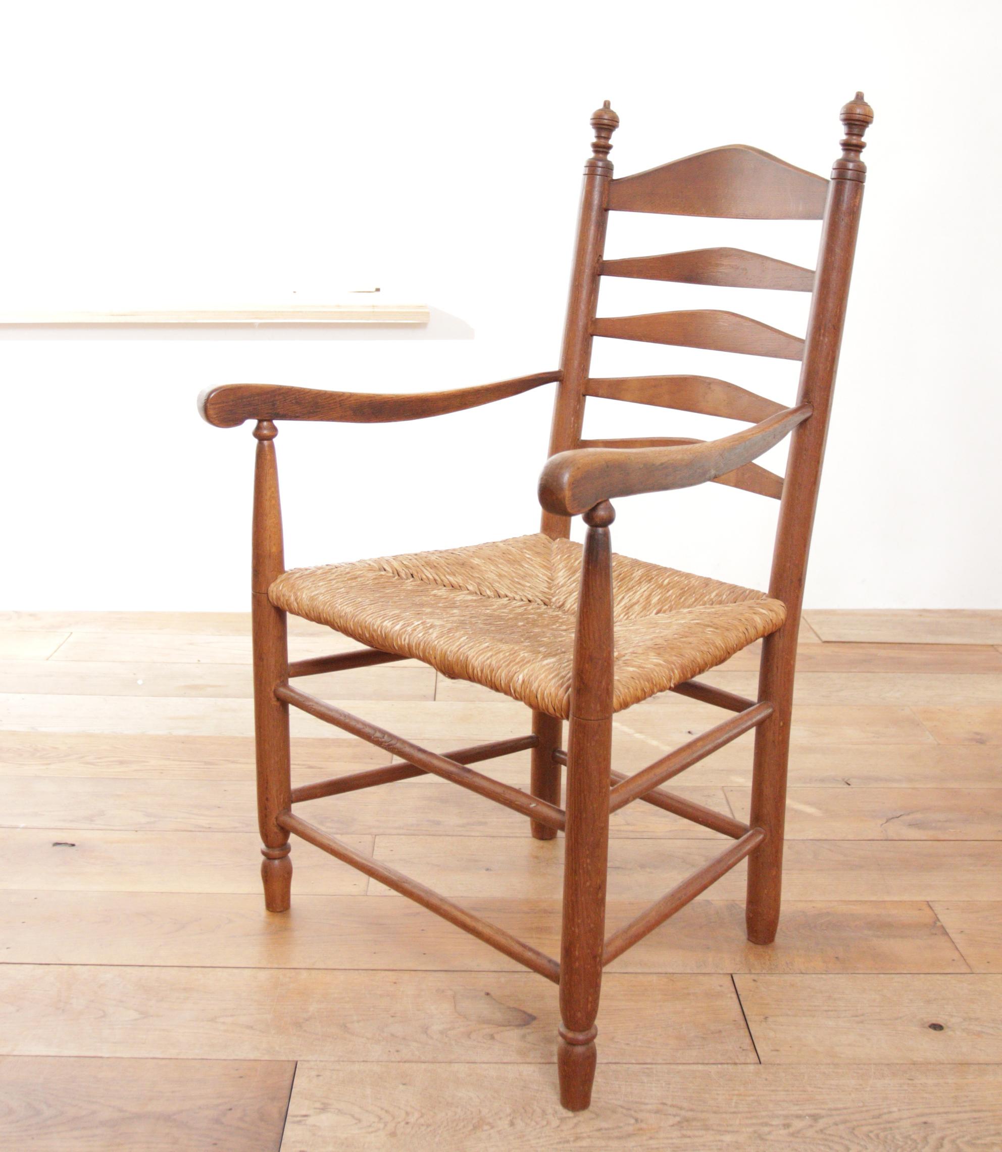 Mid-Century Modern 1 Dutch Ladder Back Oak Rush Seat Armchair 1950's For Sale