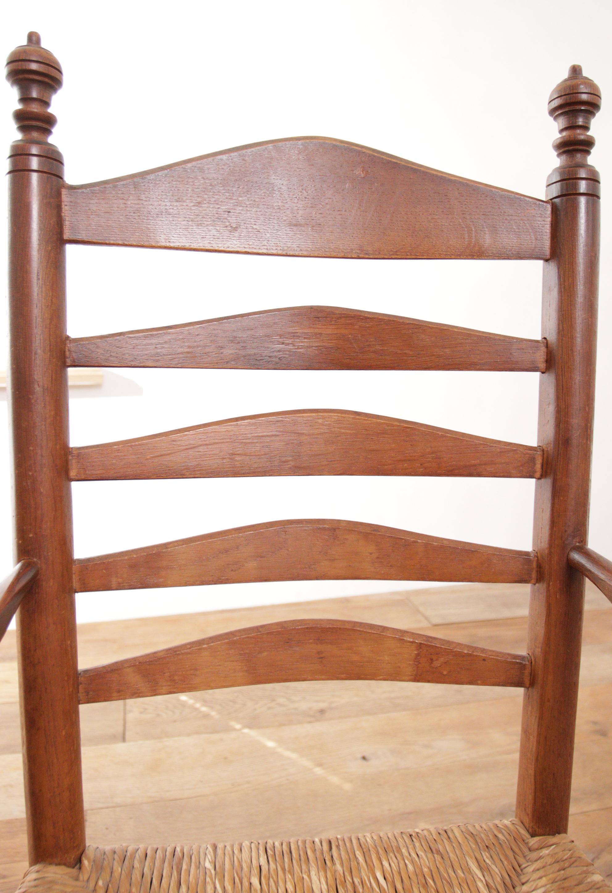1 Dutch Ladder Back Oak Rush Seat Armchair 1950's For Sale 1