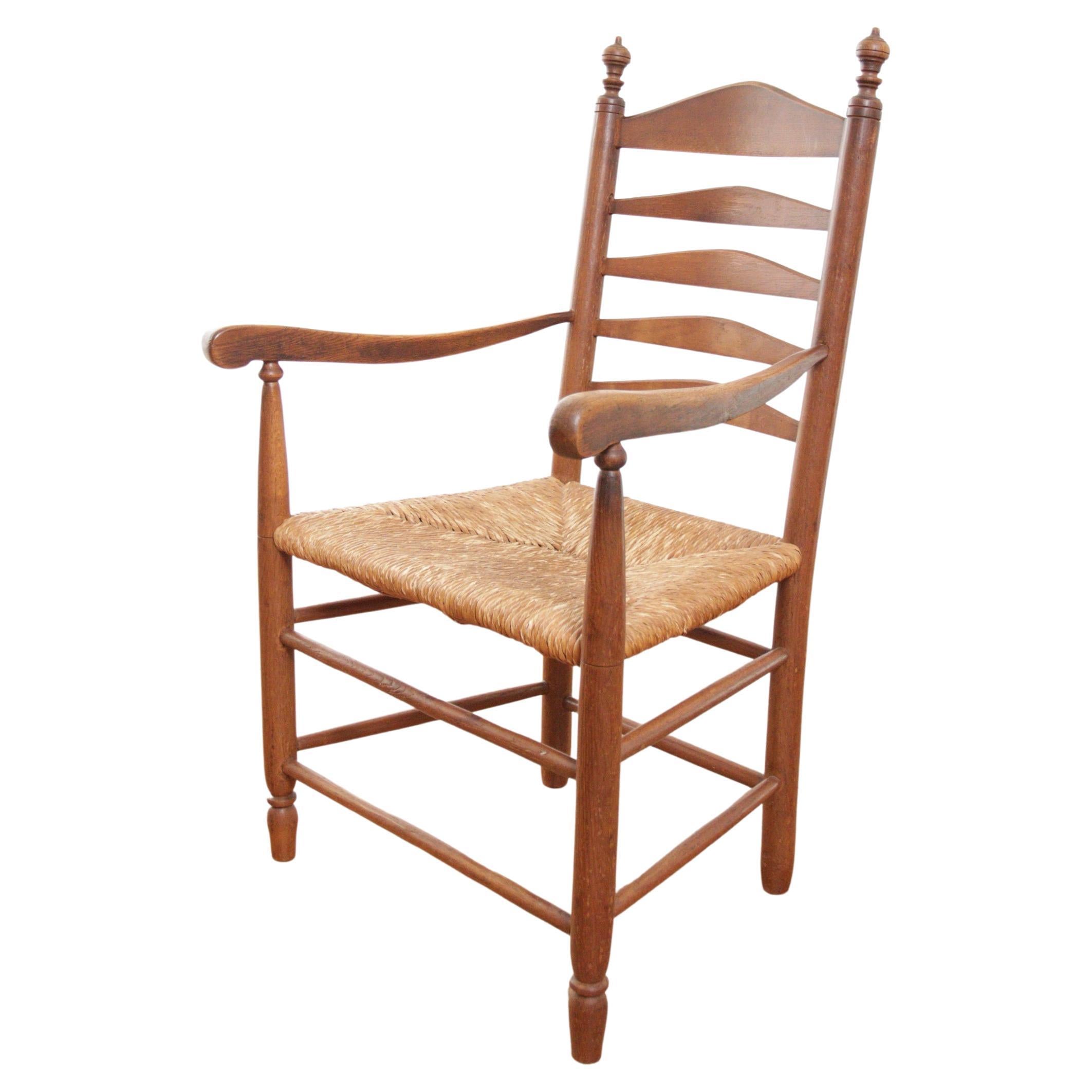 1 Dutch Ladder Back Oak Rush Seat Armchair 1950's For Sale