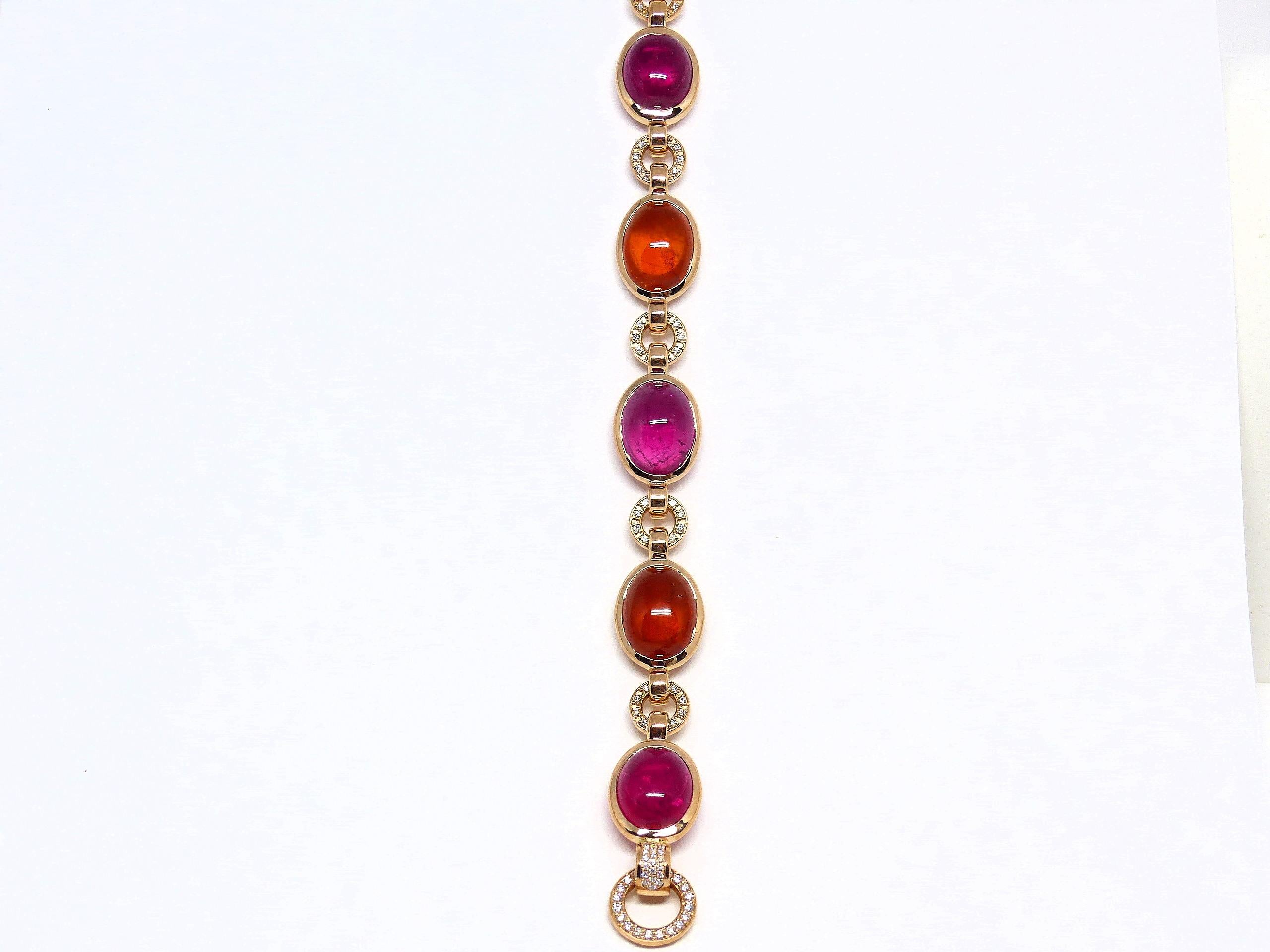 Contemporary Red Gold 68, 70ct Rubelite + Mandarin Garnet Cabouchons + Diamond Bracelet For Sale