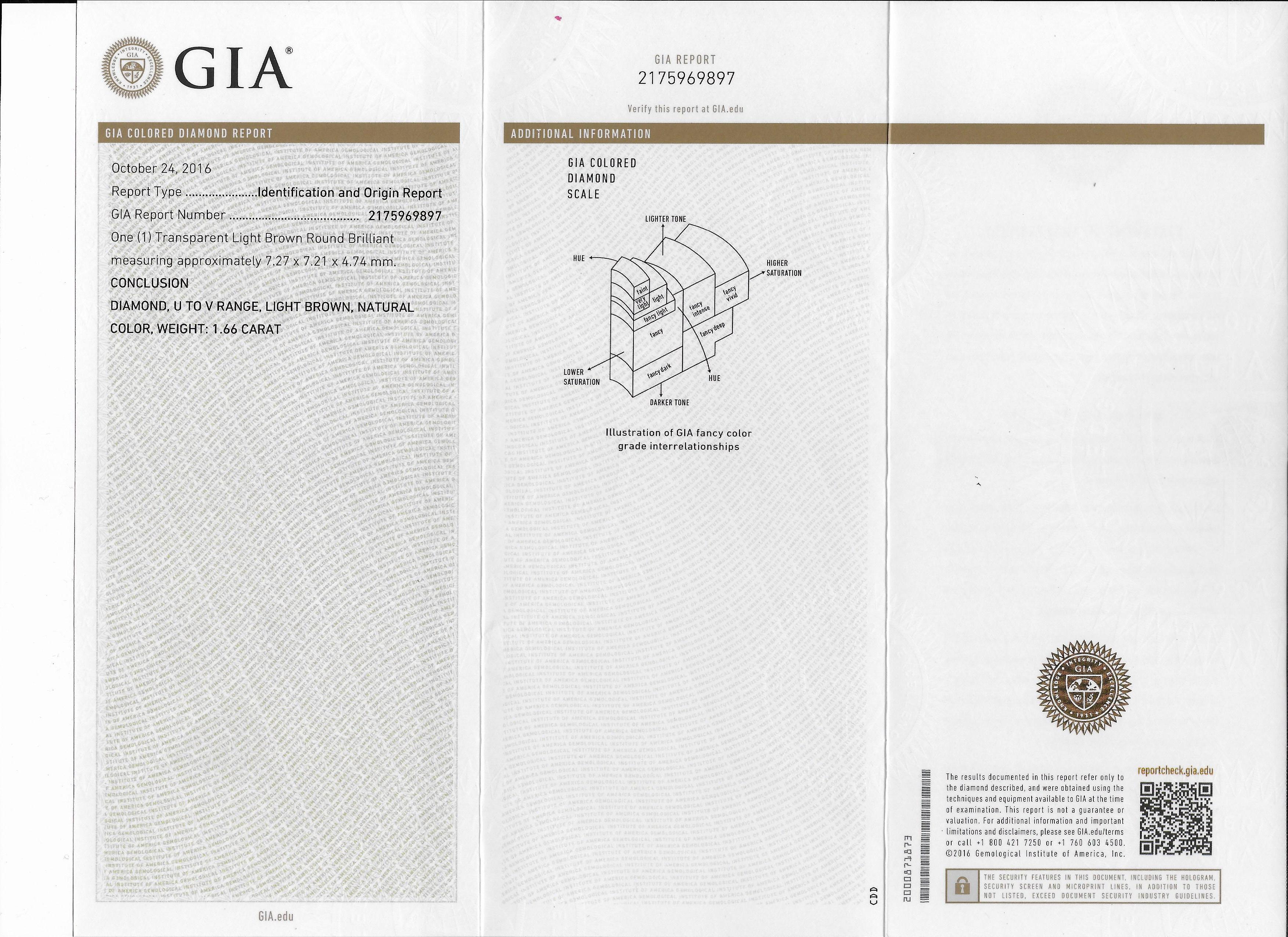 1 GIA-zertifizierter 1,66 Karat runder Light Brown Natural U bis V Range im Angebot 3