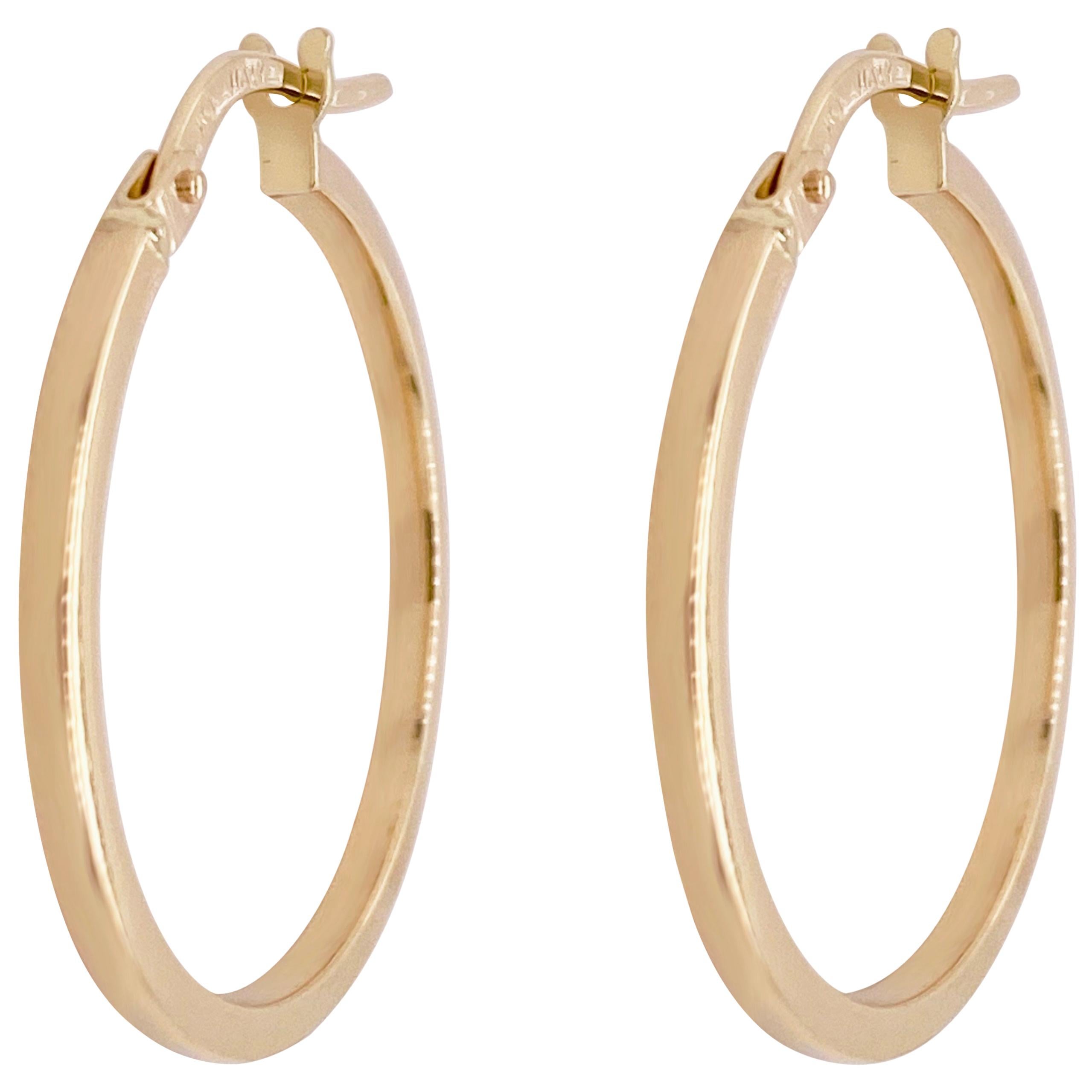 1" Gold Hoops with Square Tube Design, 14K Gold, 25mm x 2mm For Sale