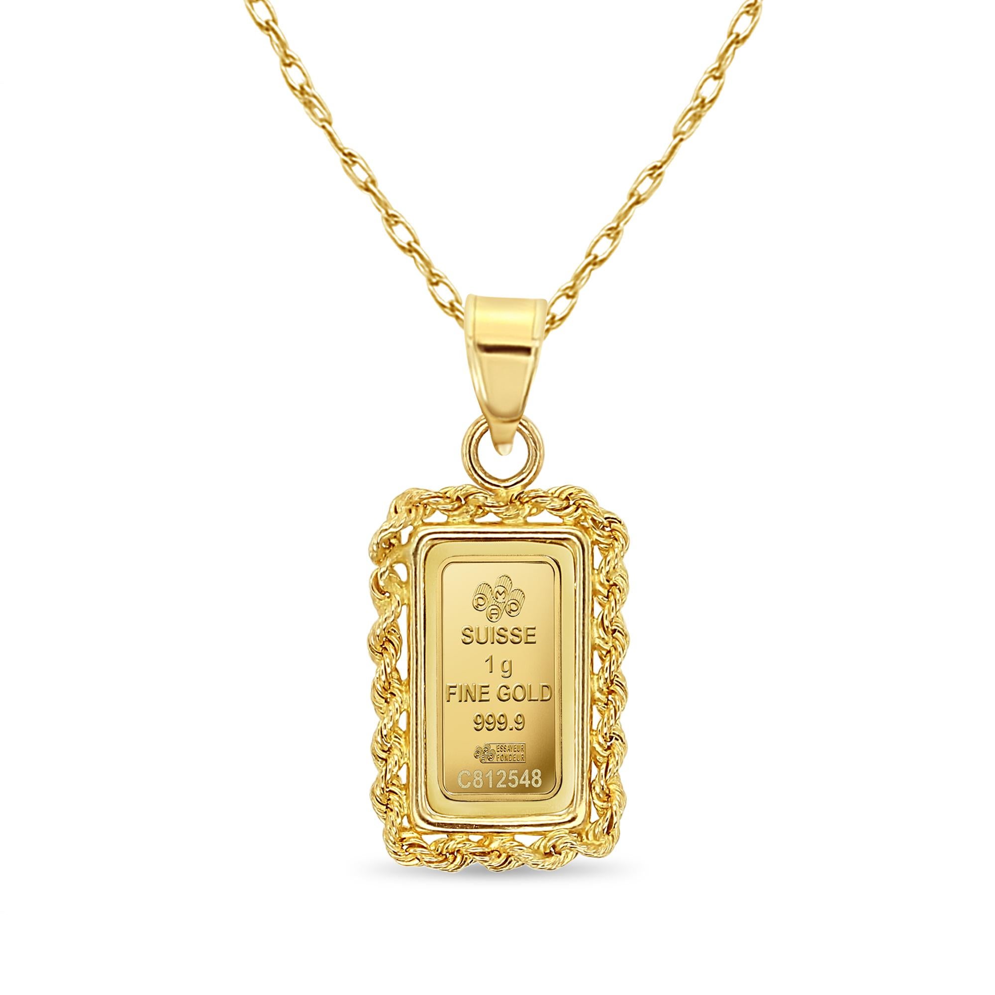 Women's or Men's 1 Gram Credit Suisse Gold Bar with Rope Bezel Necklace For Sale