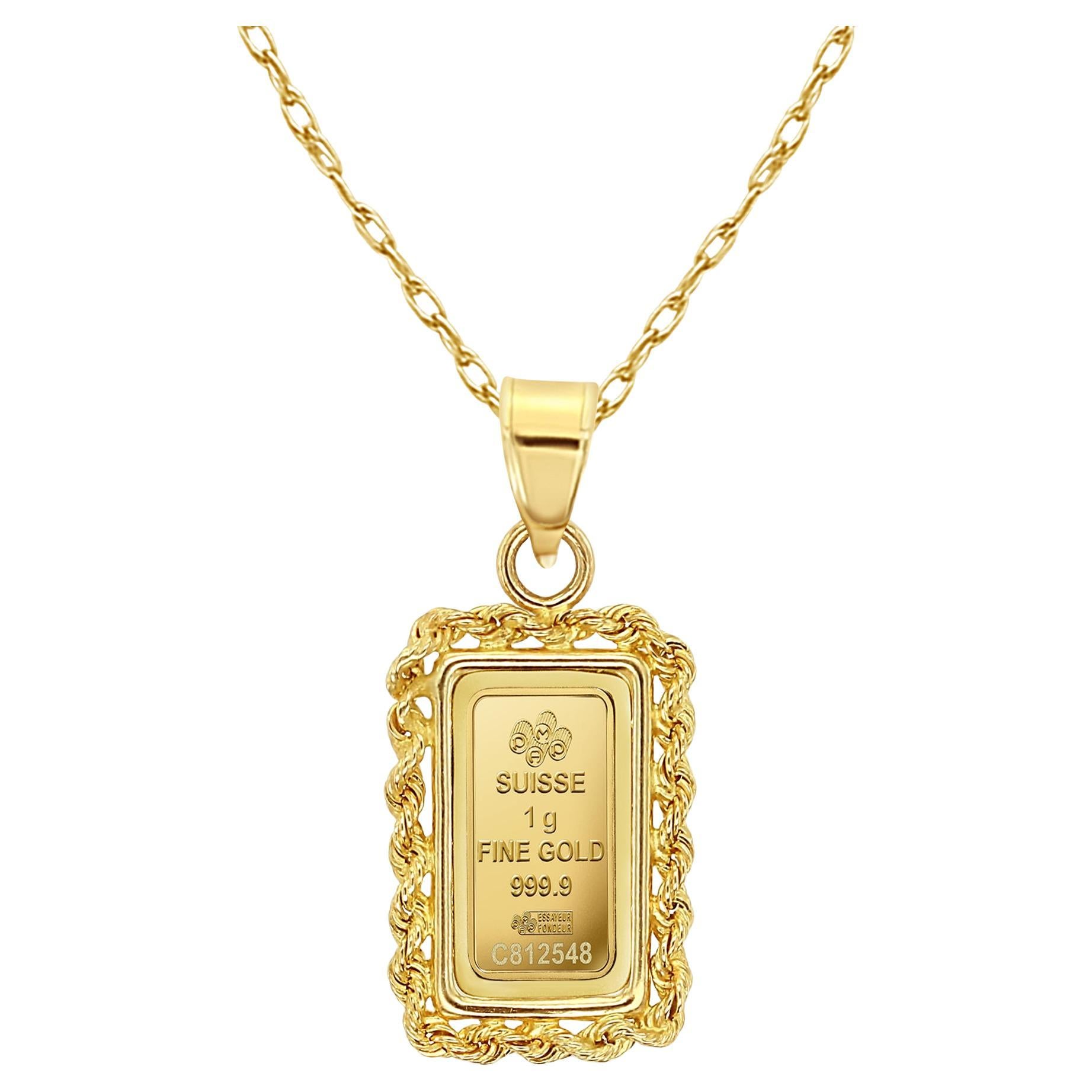1 Gram Credit Suisse Gold Bar with Rope Bezel Necklace For Sale