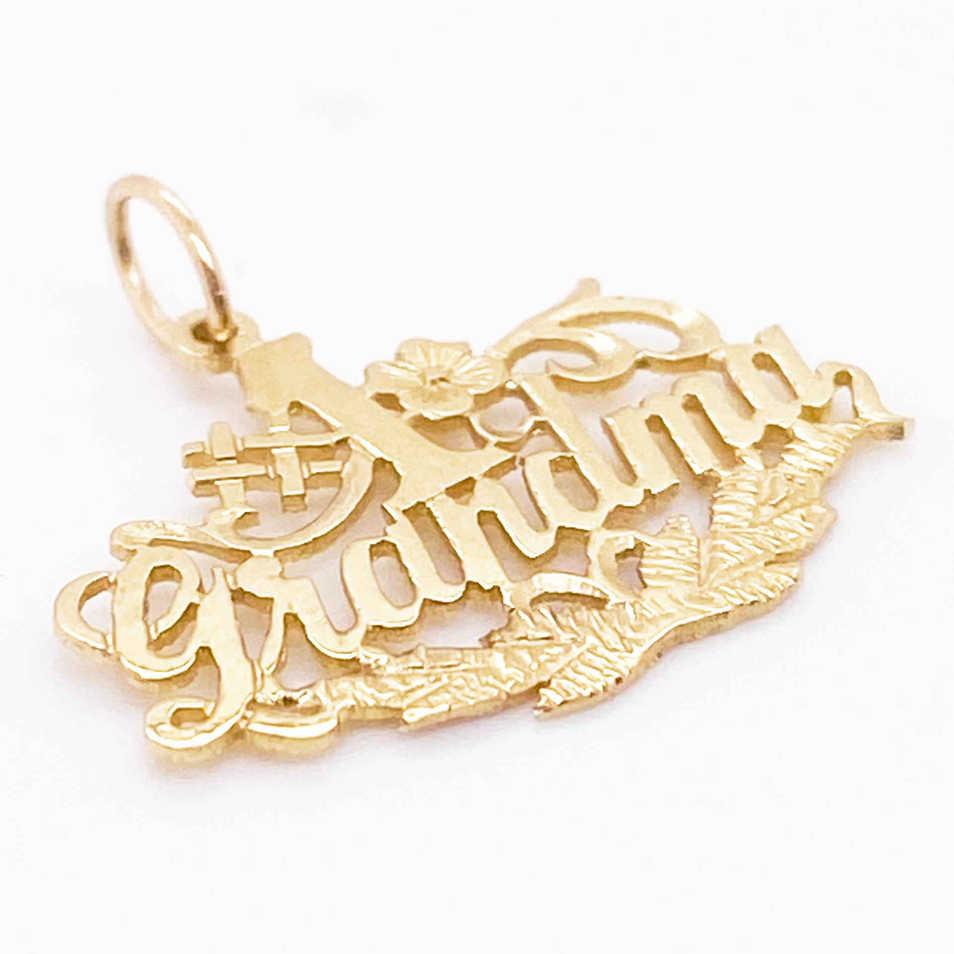 This cute Grandma charm is perfect to recognize the matriarch in your family! It is stamped out of recycled 14 karat yellow gold. It has nice detail and will look good on a charm bracelet or necklace.
 Metal Quality: 14K Yellow Gold
Charm Style: #1