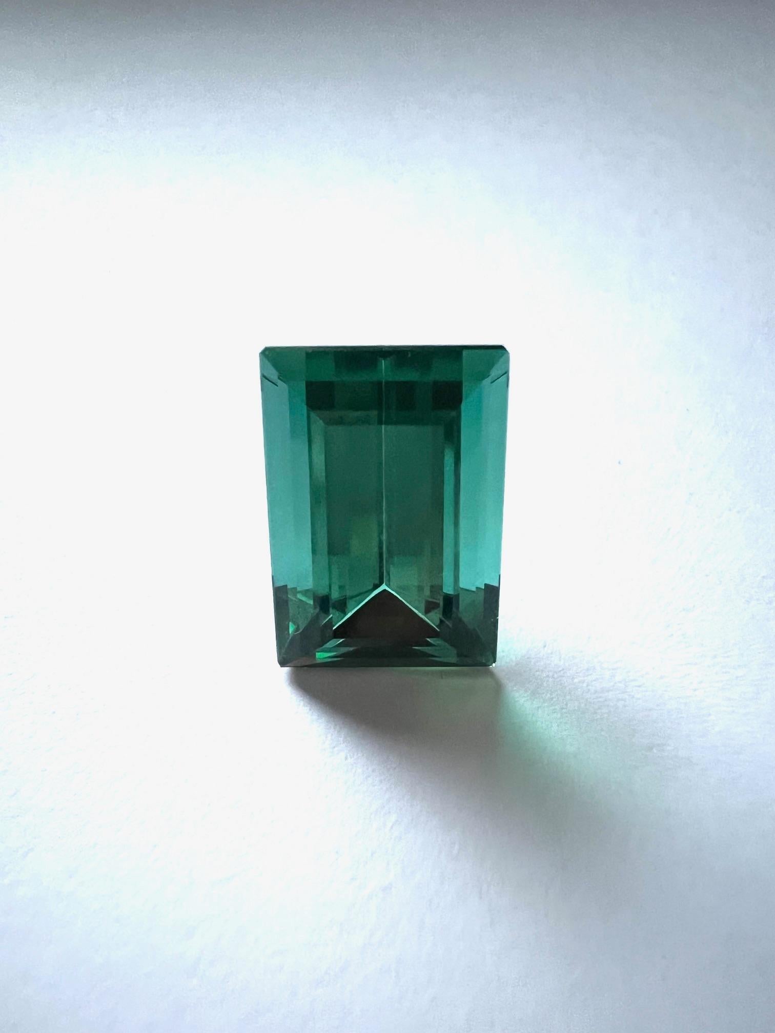 This green Tourmaline has 13,27c.. It is facetted in octagonal shape and has a size of 16,3x11,2mm. The origin is a famous mine in Namibia, called New Schwaben. The color can be described as blueish/green tipical for the origin.