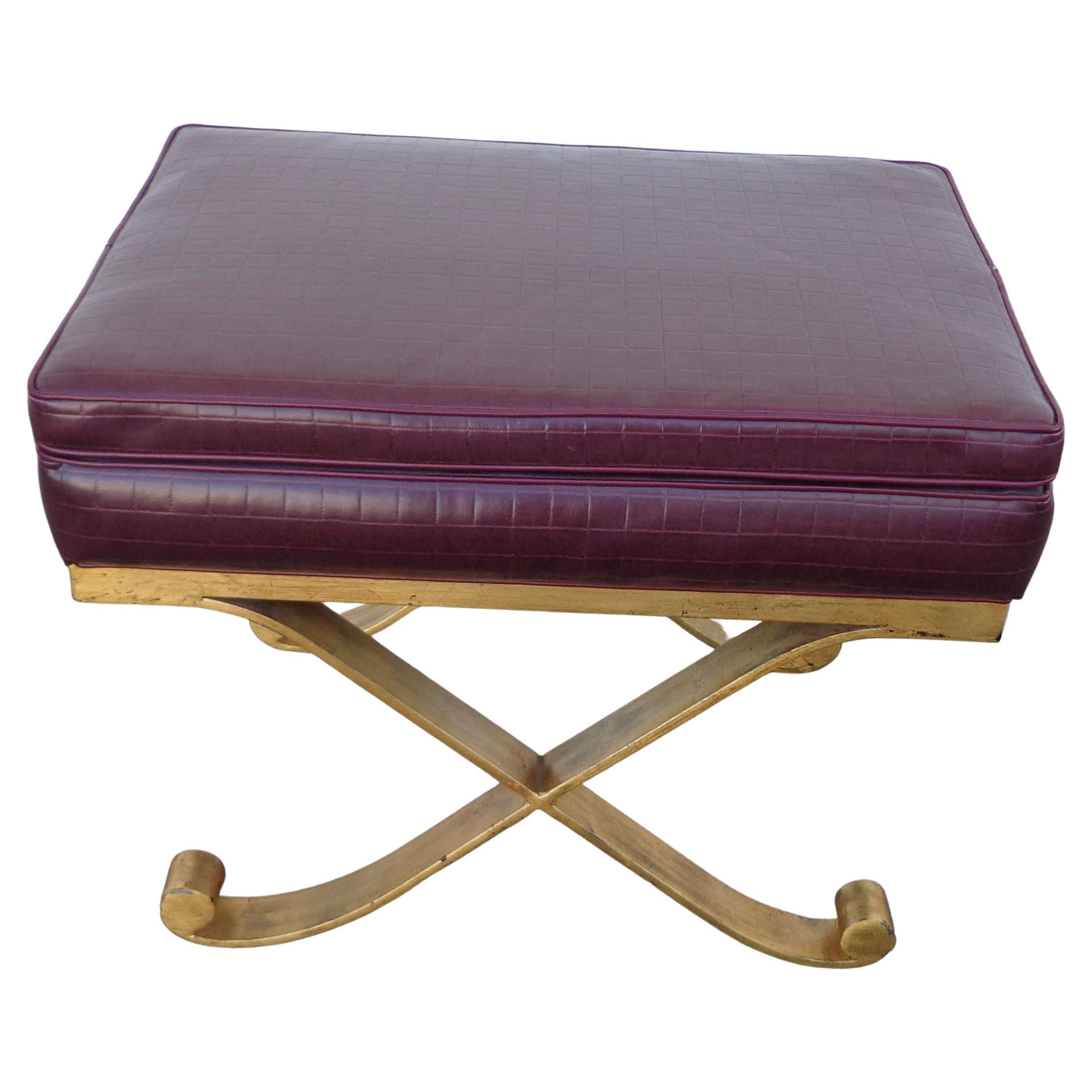 1  Hollywood Regency Faux Croc Leather X Stool 

Gold finish x base with stamped upholstery in burgundy. We have 2 available.

Price is for 1