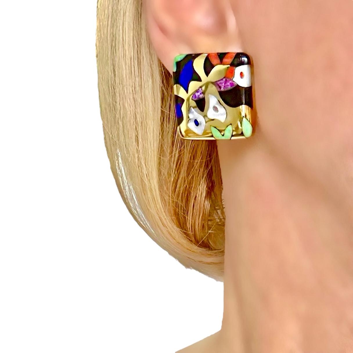 Asch Grossbardt, boucles d'oreilles en or jaune avec motif floral incrusté de pierres de 1 pouce par 1 pouce en vente 8
