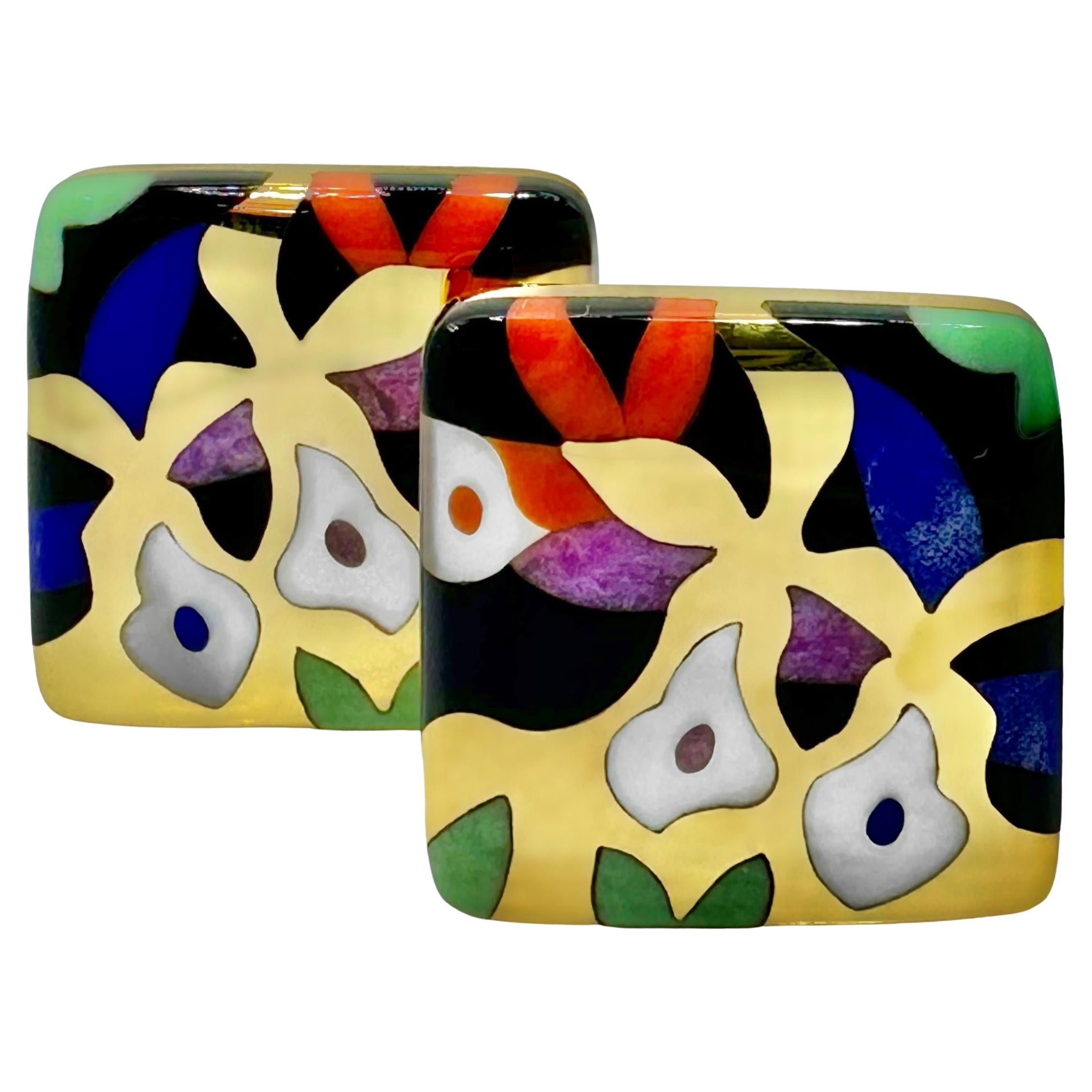 1 Inch by 1 Inch Yellow Gold Asch Grossbardt Floral Design Inlaid Stone Earrings