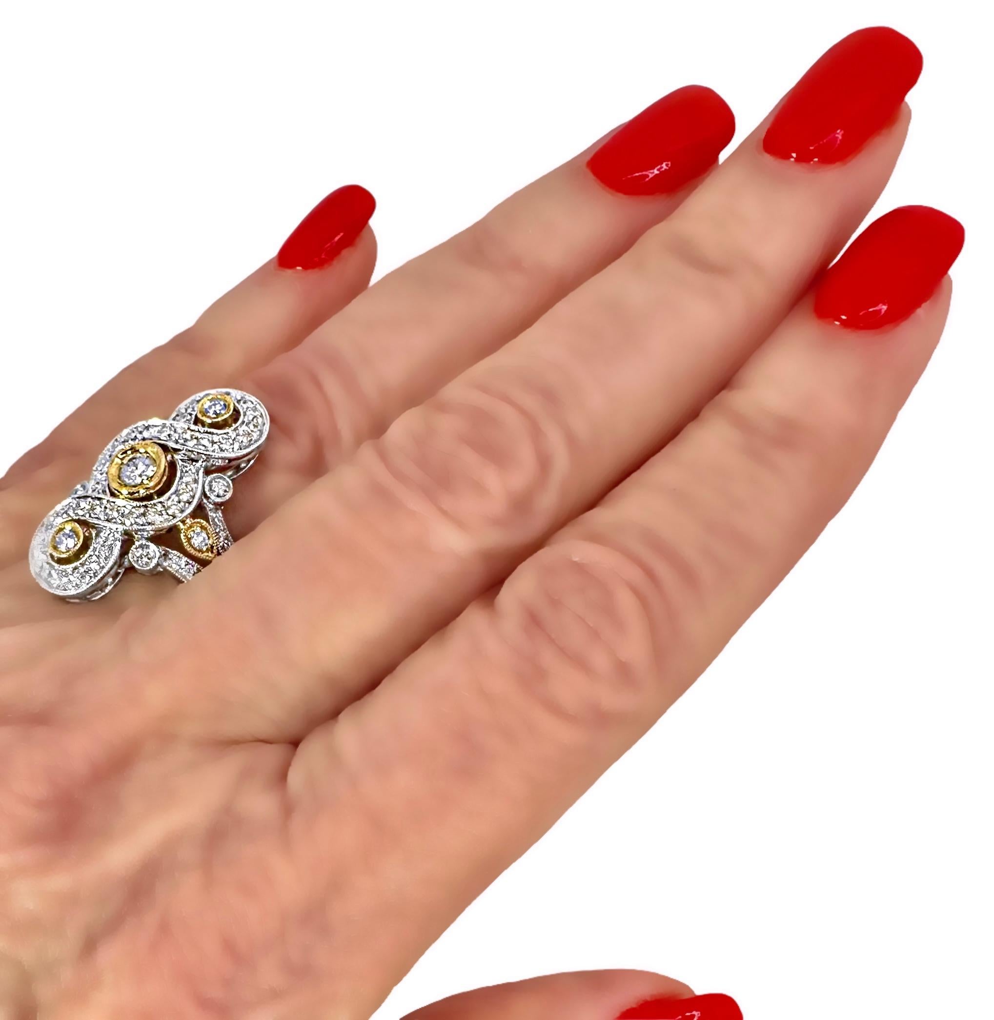 Anello lungo 1 pollice in oro bicolore in stile antico con diamanti in vendita 5