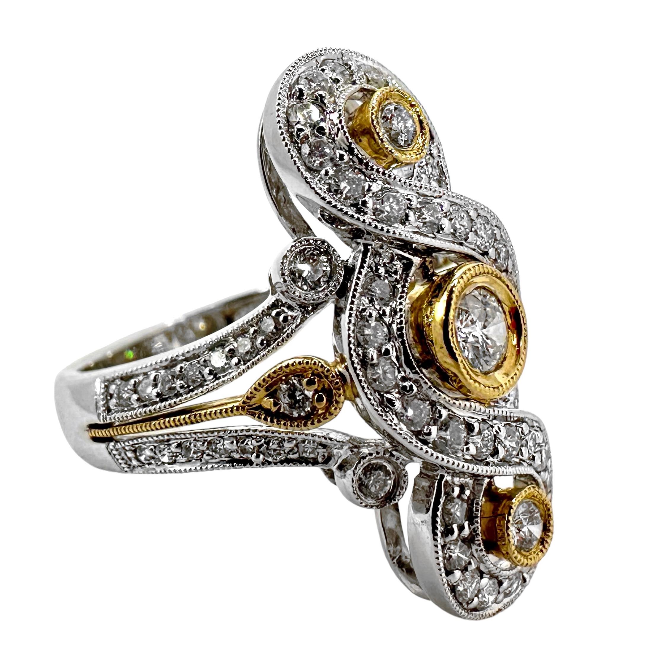 Anello lungo 1 pollice in oro bicolore in stile antico con diamanti In condizioni ottime in vendita a Palm Beach, FL