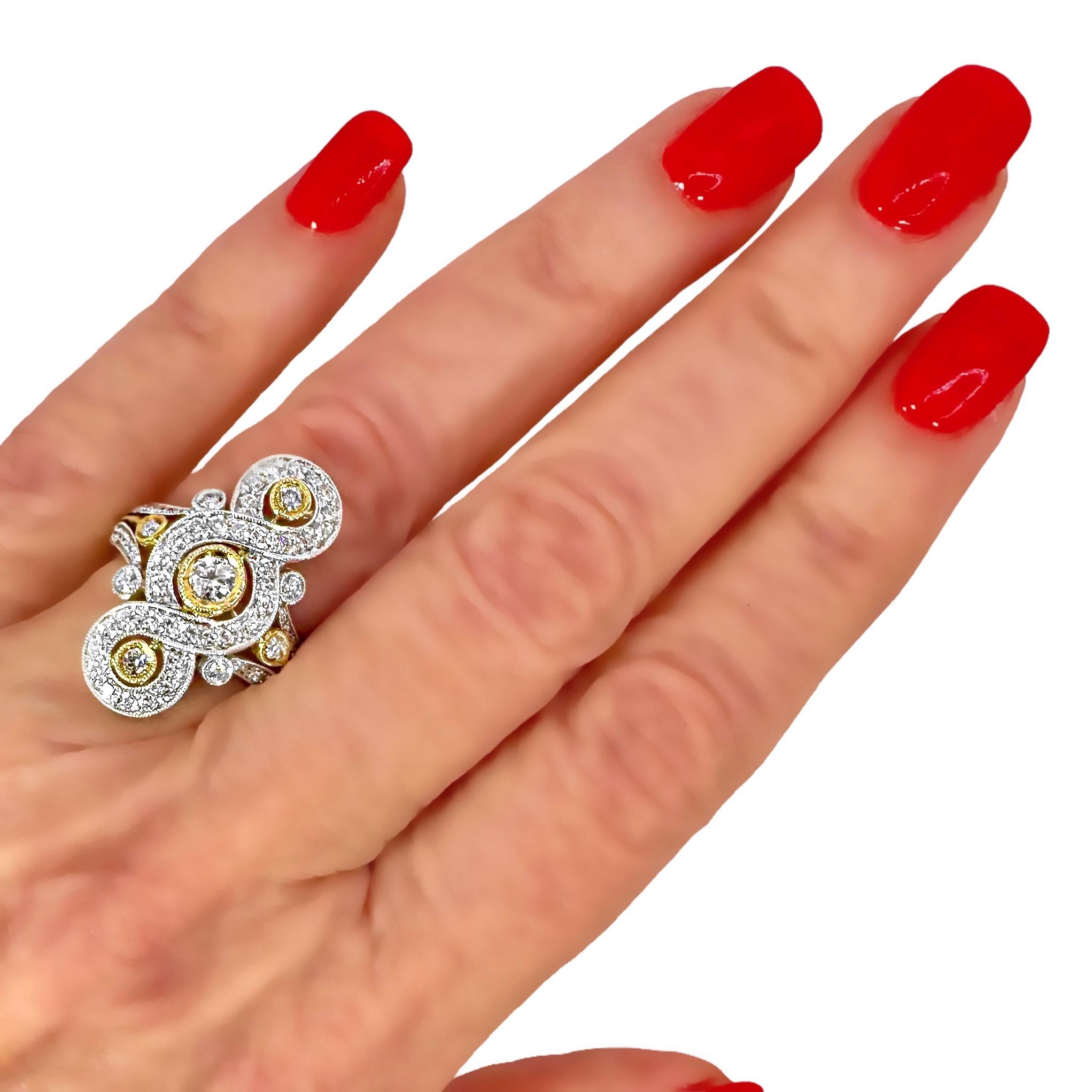 Anello lungo 1 pollice in oro bicolore in stile antico con diamanti in vendita 4