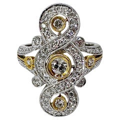 1 Inch Long Two-Tone Gold Antique Style Ring with Diamonds