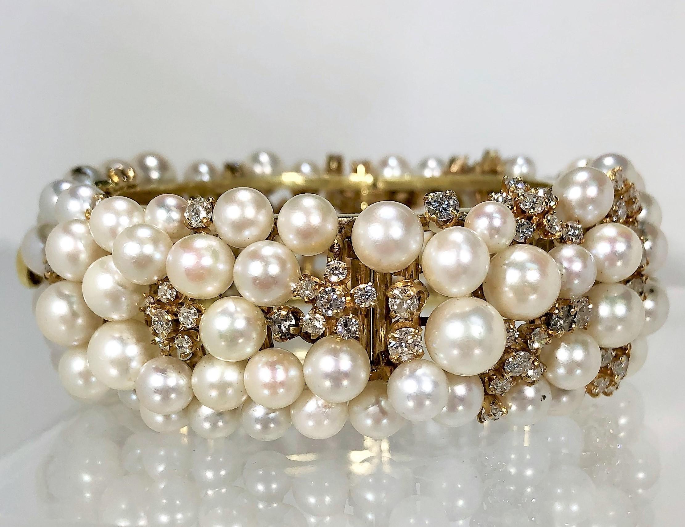 Pearl and Diamond Cocktail Bracelet by Designer K. Lambert in Gold In Good Condition In Palm Beach, FL