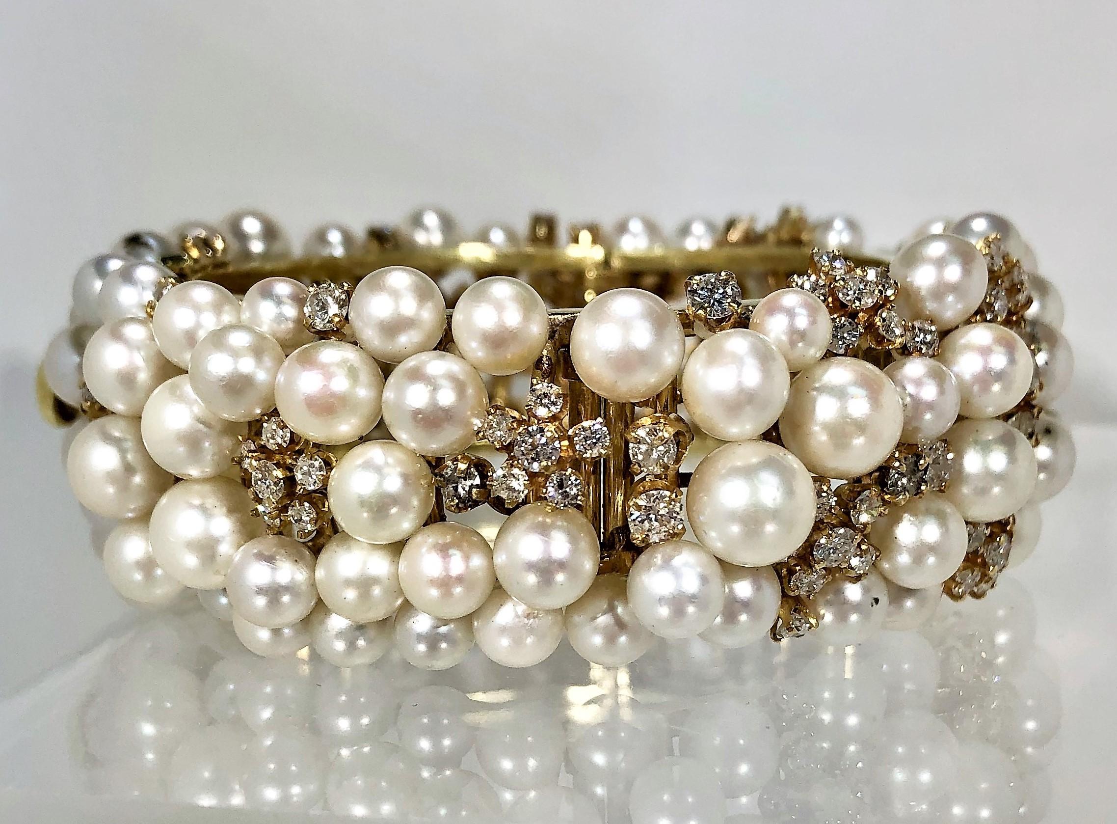 Women's Pearl and Diamond Cocktail Bracelet by Designer K. Lambert in Gold