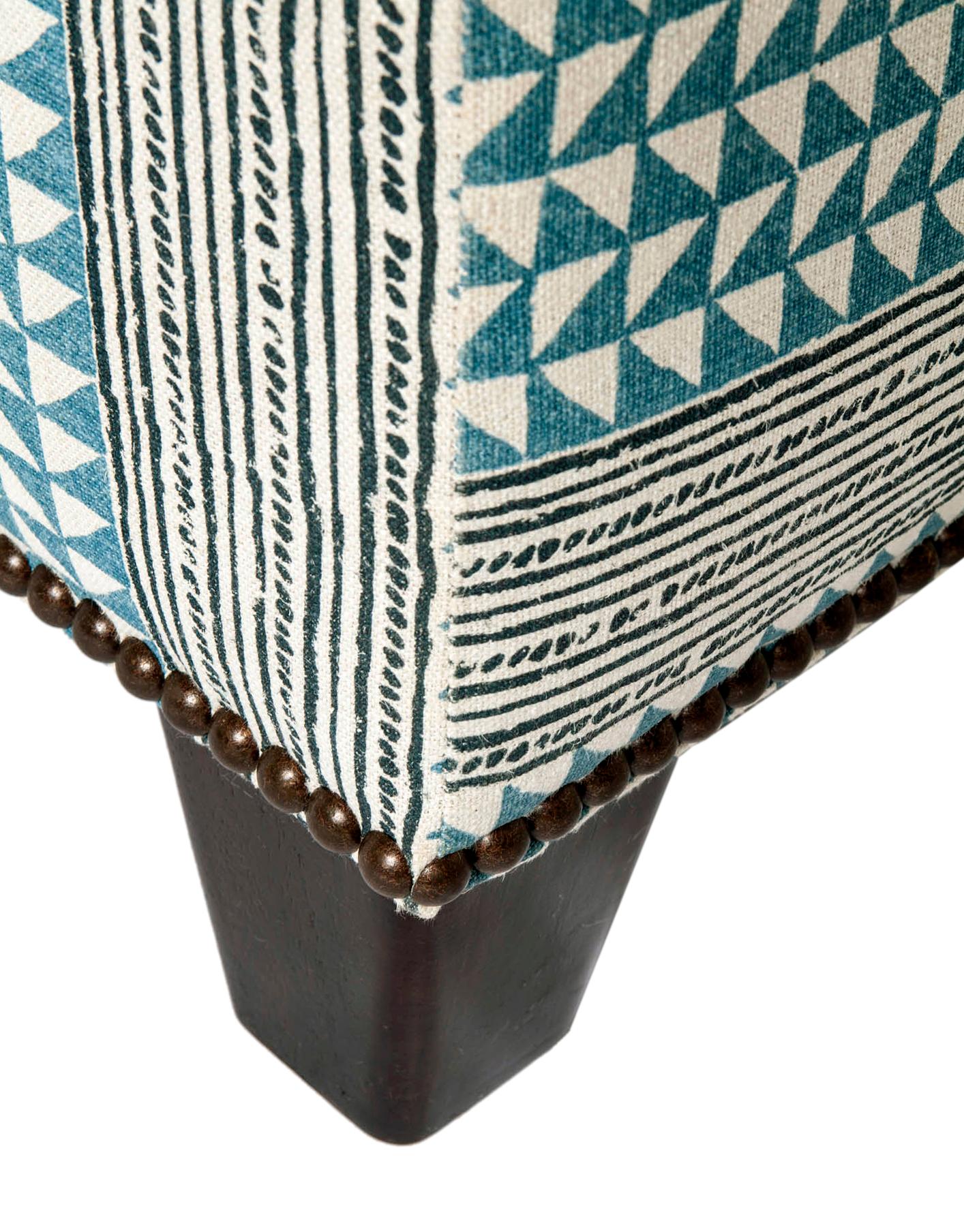 Post-Modern Large Square Ottoman in Tribal Printed Linen For Sale