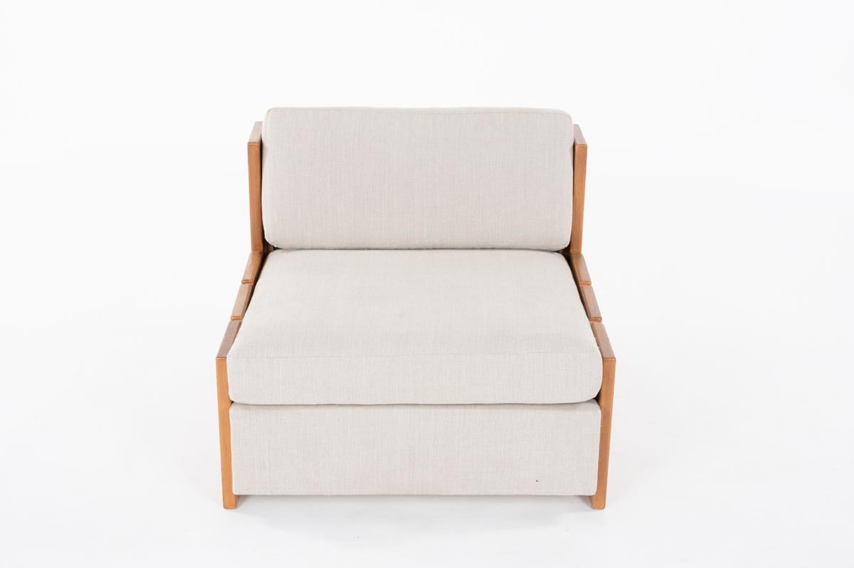 French 1 Lounge Chair Elm and Linen by Maison Regain, 1980