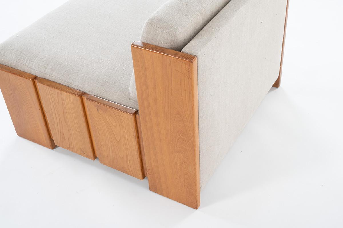 1 Lounge Chair Elm and Linen by Maison Regain, 1980 1