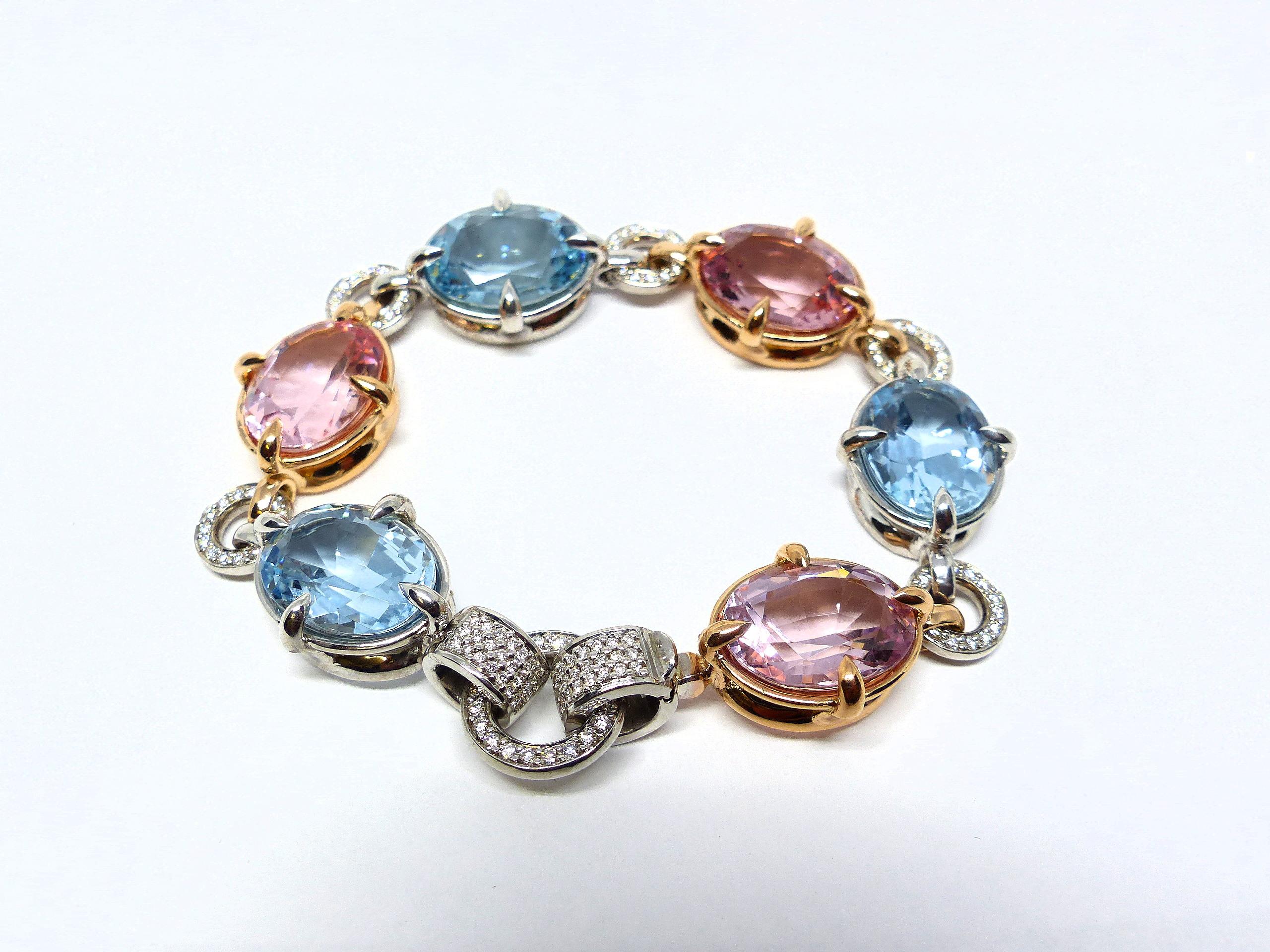 Thomas Leyser is renowned for his contemporary jewellery designs utilizing fine gemstones.

This 18k white and red gold (55.17g) bracelet is set with 6x fine Aquamarines & Morganites in magnificient intensiv blue and rose colour (with large