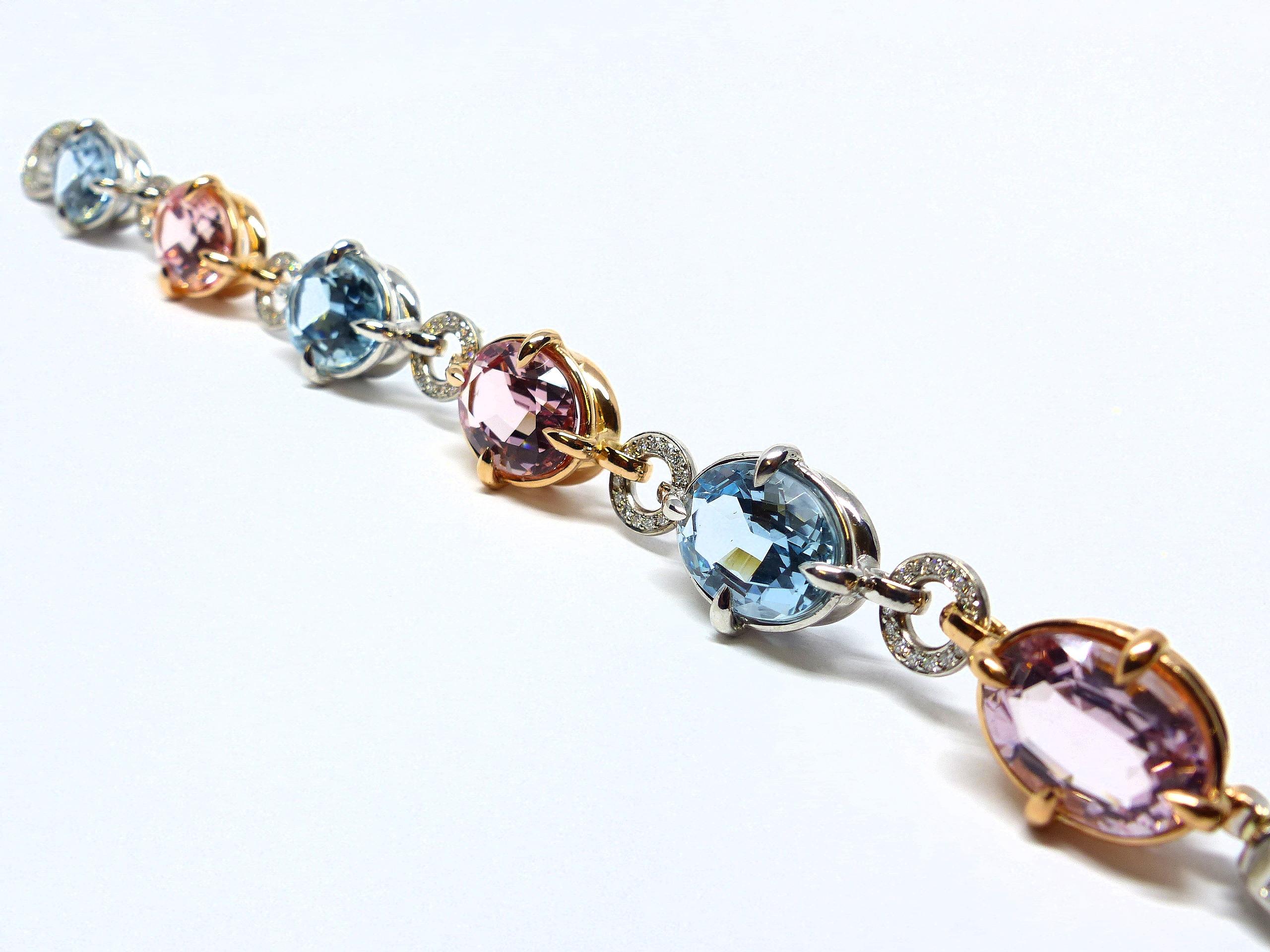 Oval Cut Bracelet in White/Red Gold with 3 Aquamarines and 3 Morganites and Diamonds For Sale