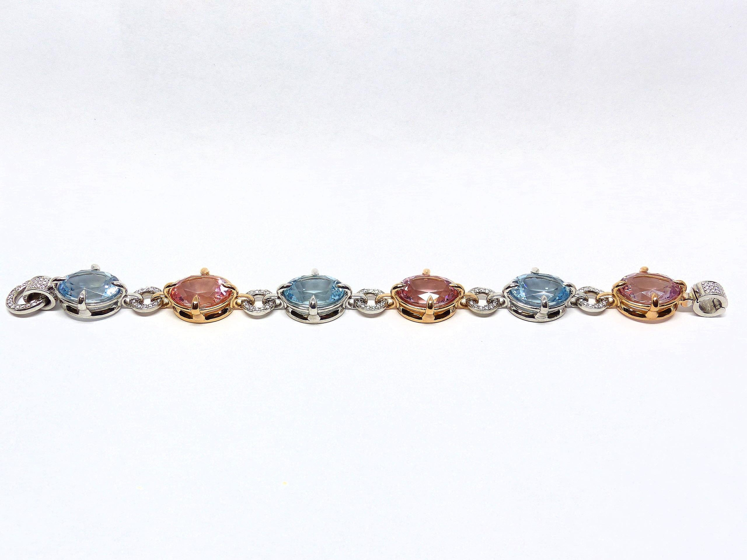 Women's Bracelet in White/Red Gold with 3 Aquamarines and 3 Morganites and Diamonds  For Sale