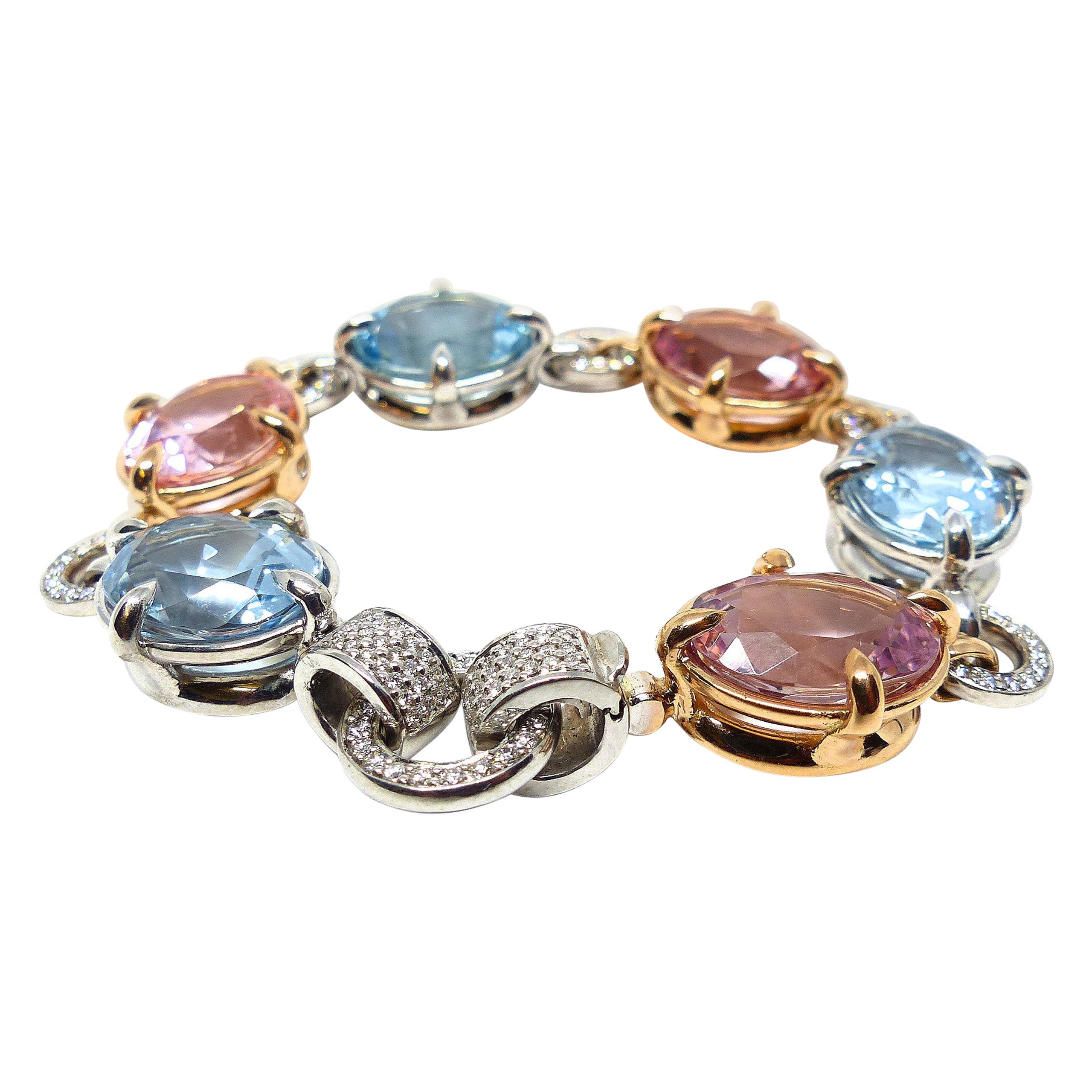 Bracelet in White/Red Gold with 3 Aquamarines and 3 Morganites and Diamonds  For Sale