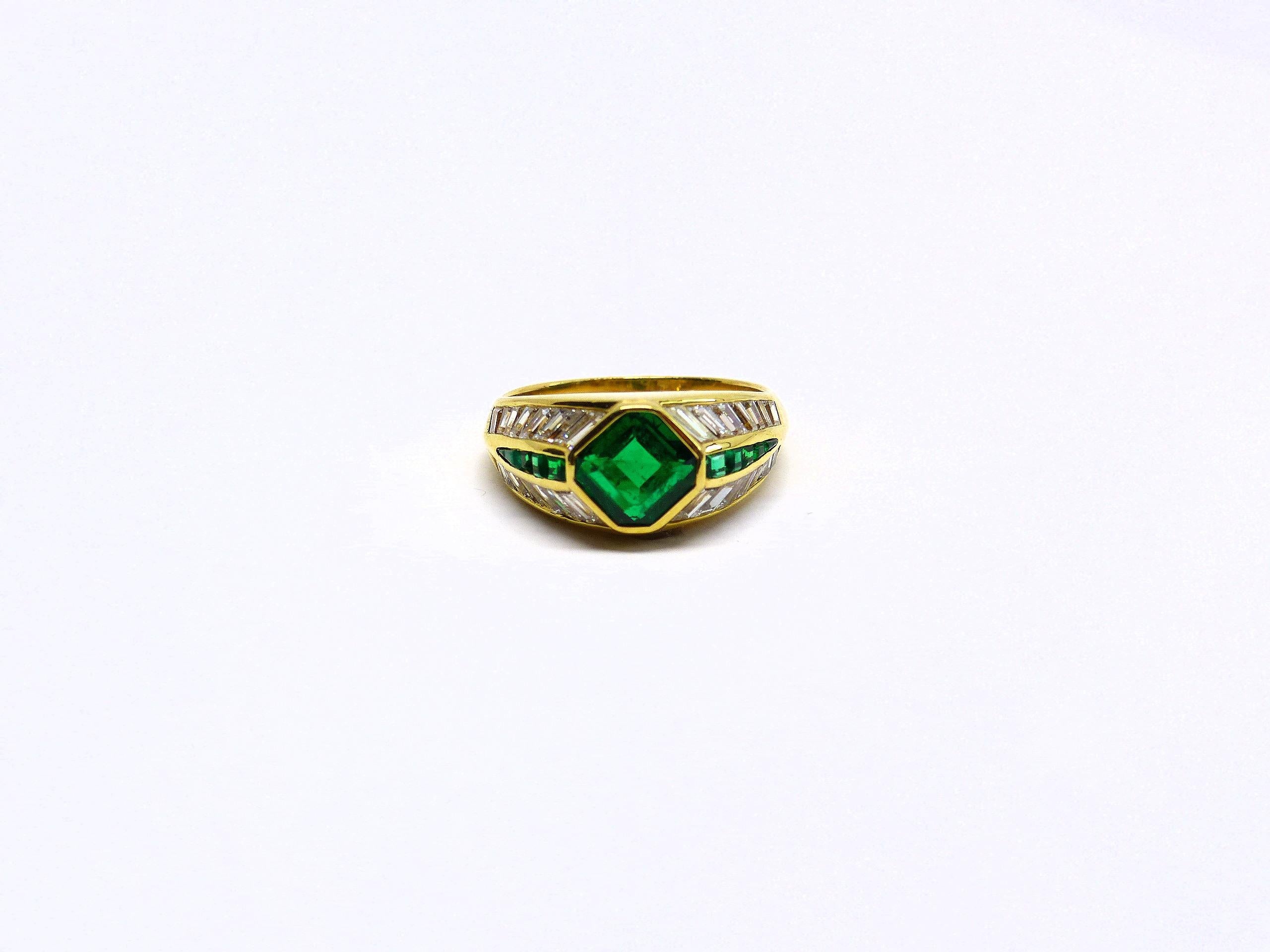 Emerald Cut LEYSER 18k Yellow Gold Rare Sandawana No Oil Emerald Diamond Ring For Sale