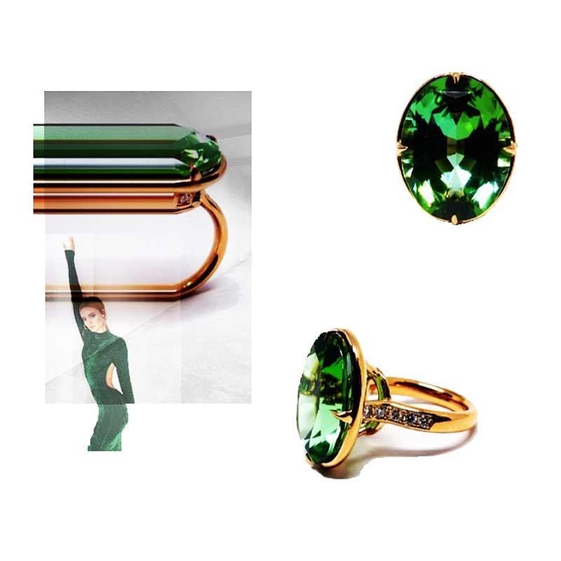 Thomas Leyser is renowned for his contemporary jewellery designs utilizing fine gemstones.

This 18k rose gold ring is set with 1x fine Green Tourmaline in magnificient color with large facettes (oval cut, 21x16mm, 20.03 carat) and 14x top-graded