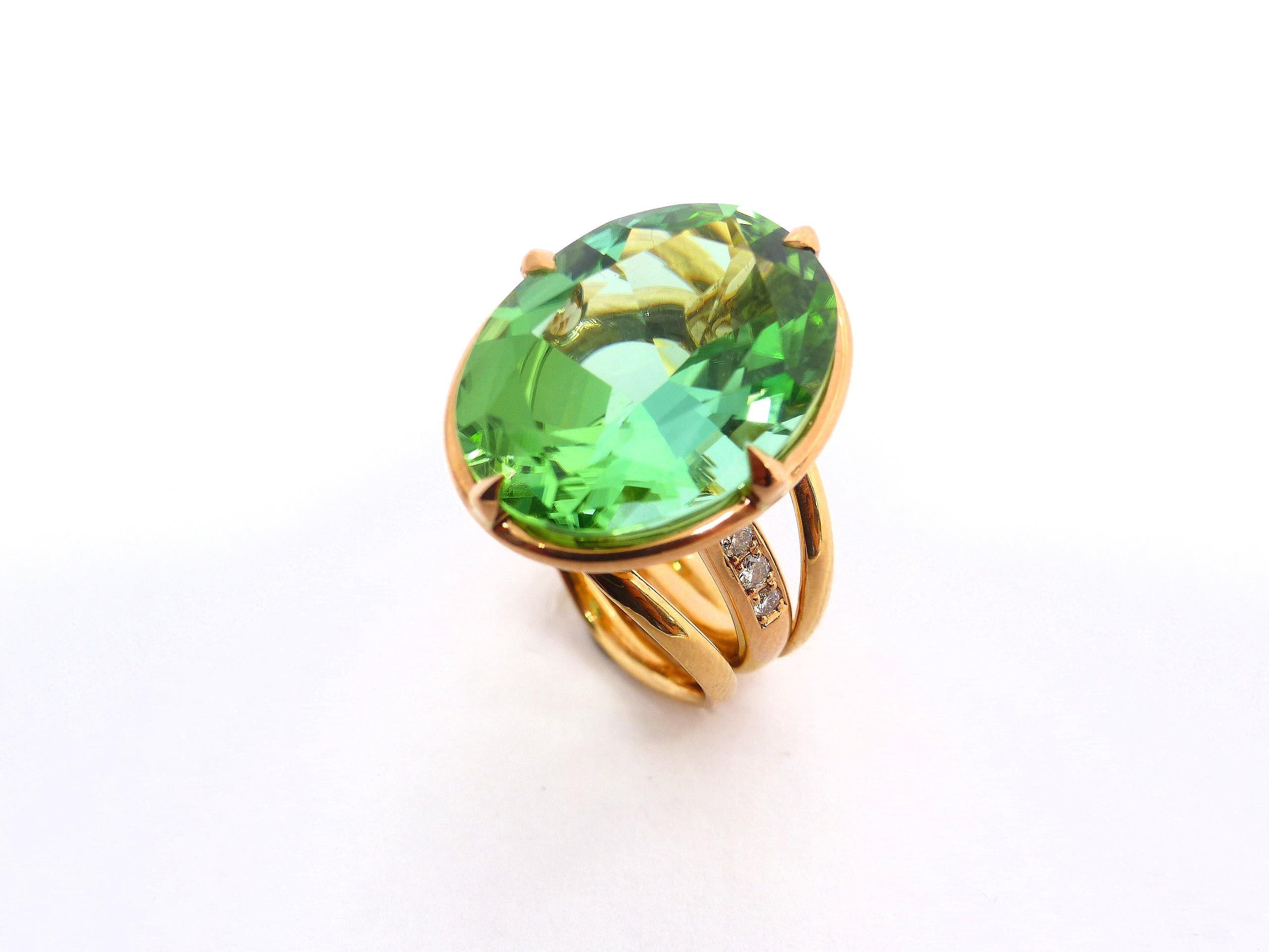 Oval Cut Rose Gold Ring set with fine Green Tourmaline (oval, 20.03ct) and Diamonds For Sale