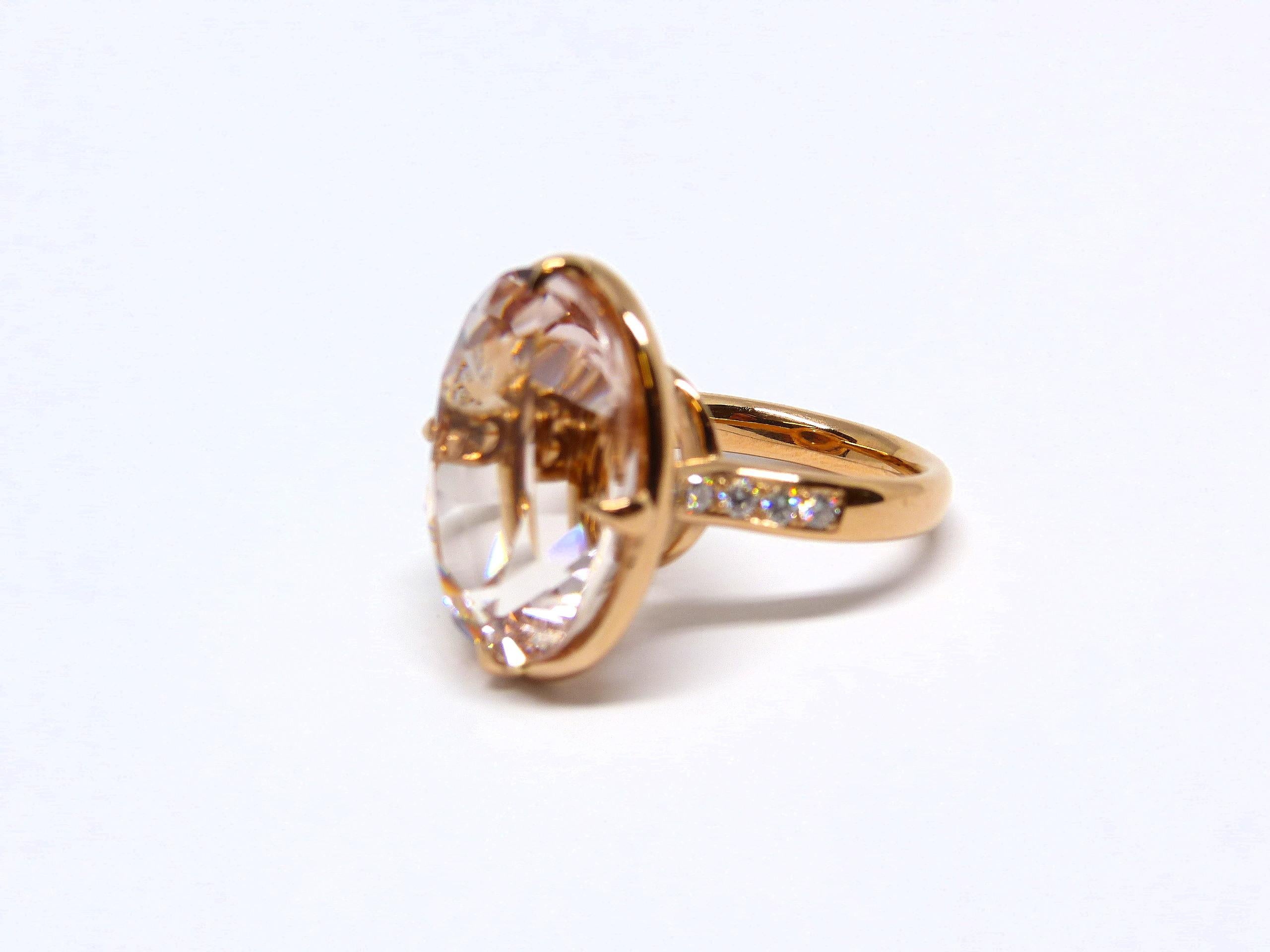 Contemporary Ring in Rose Gold with 1 Morganite oval 21x16mm and Diamonds  For Sale