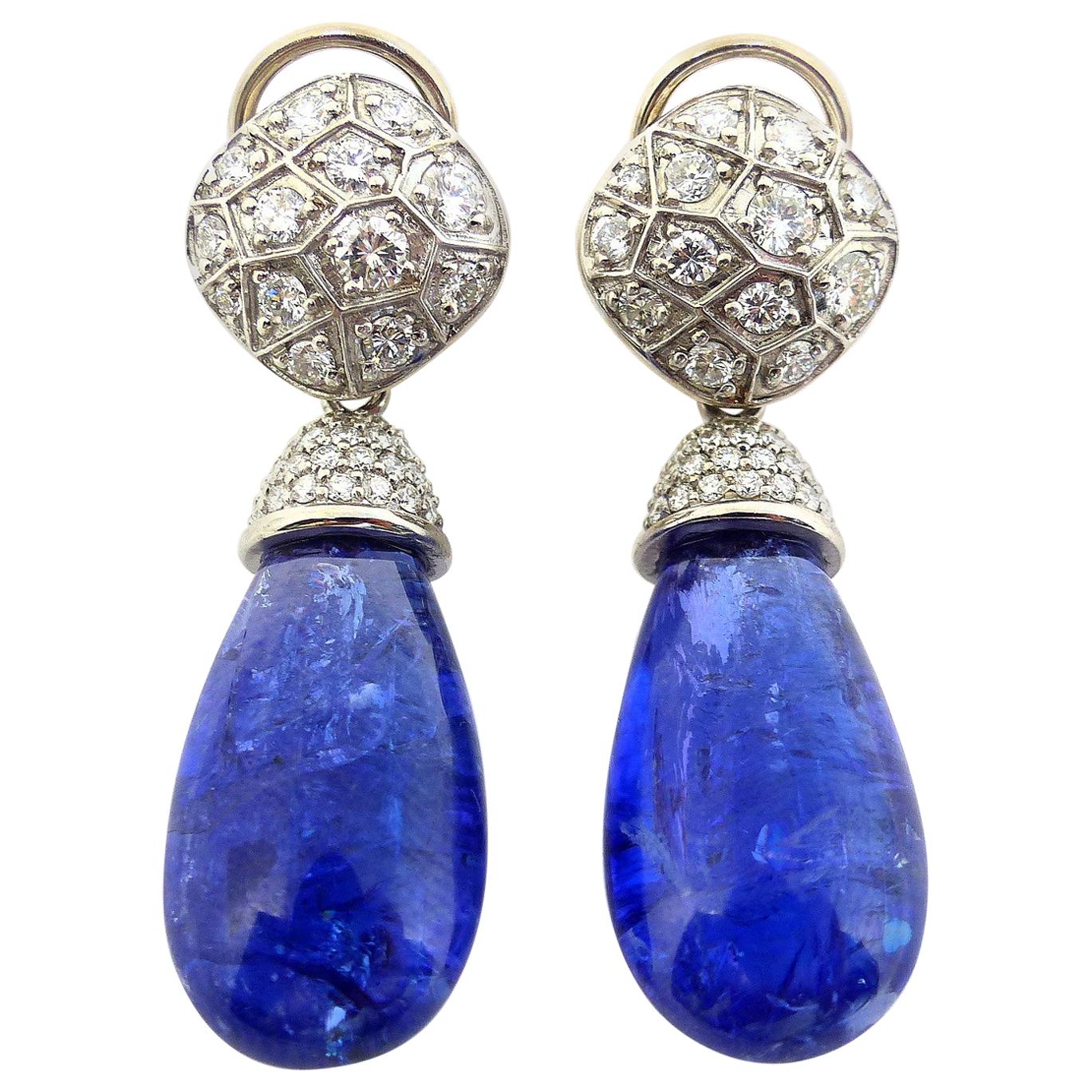 Earrings in White Gold with 2 Tanzanite Brioletts 41, 11ct. and Diamonds. For Sale