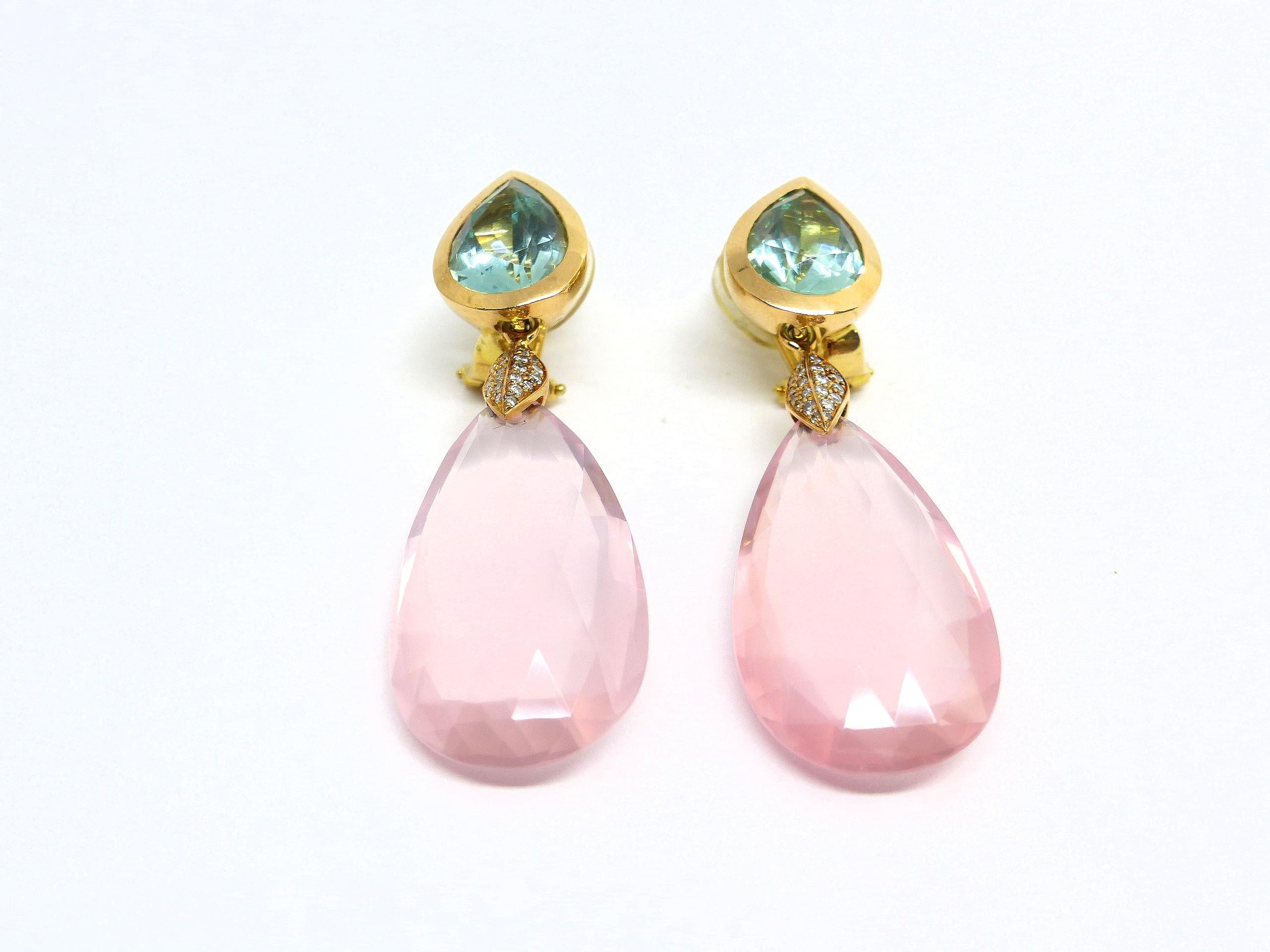 Thomas Leyser is renowned for his contemporary jewellery designs utilizing fine gemstones.

This 18k rose gold earring is set with 2x fine Berylls in magnificent blueish/greenish colour (pear-shape, 12x9 mm, 6.15ct) + 2x fine Rosequarzes