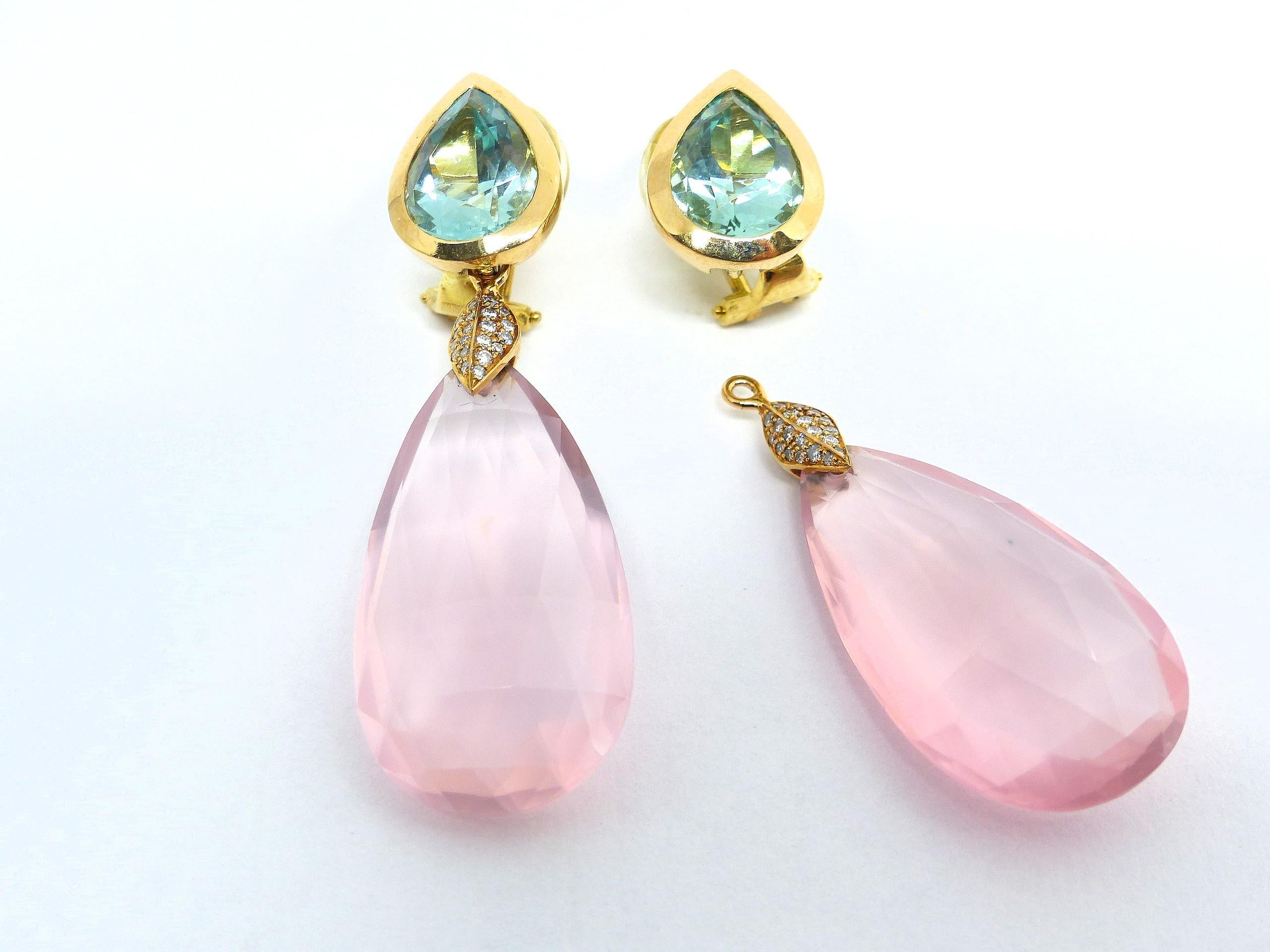 Contemporary Earrings in Rose Gold 2 green Berylls and 2 Rosequarz Briolets and Diamonds. For Sale