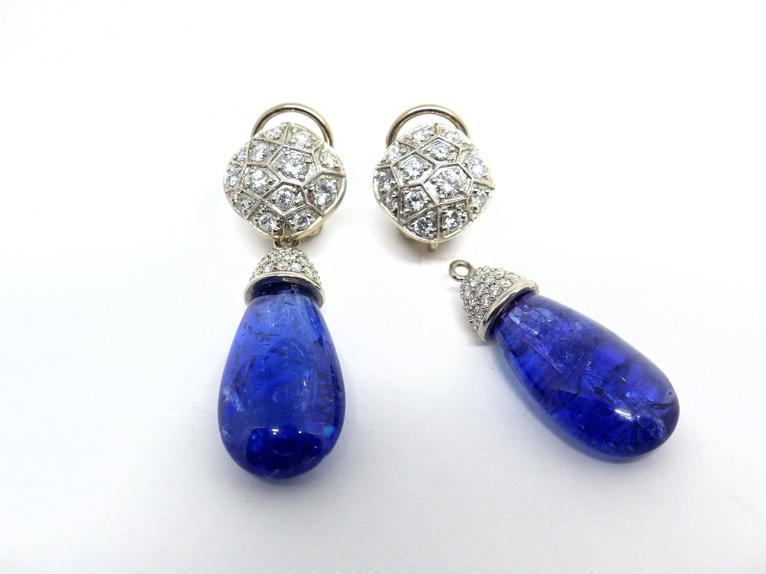 Briolette Cut Earrings in White Gold with 2 Tanzanite Brioletts 41, 11ct. and Diamonds. For Sale