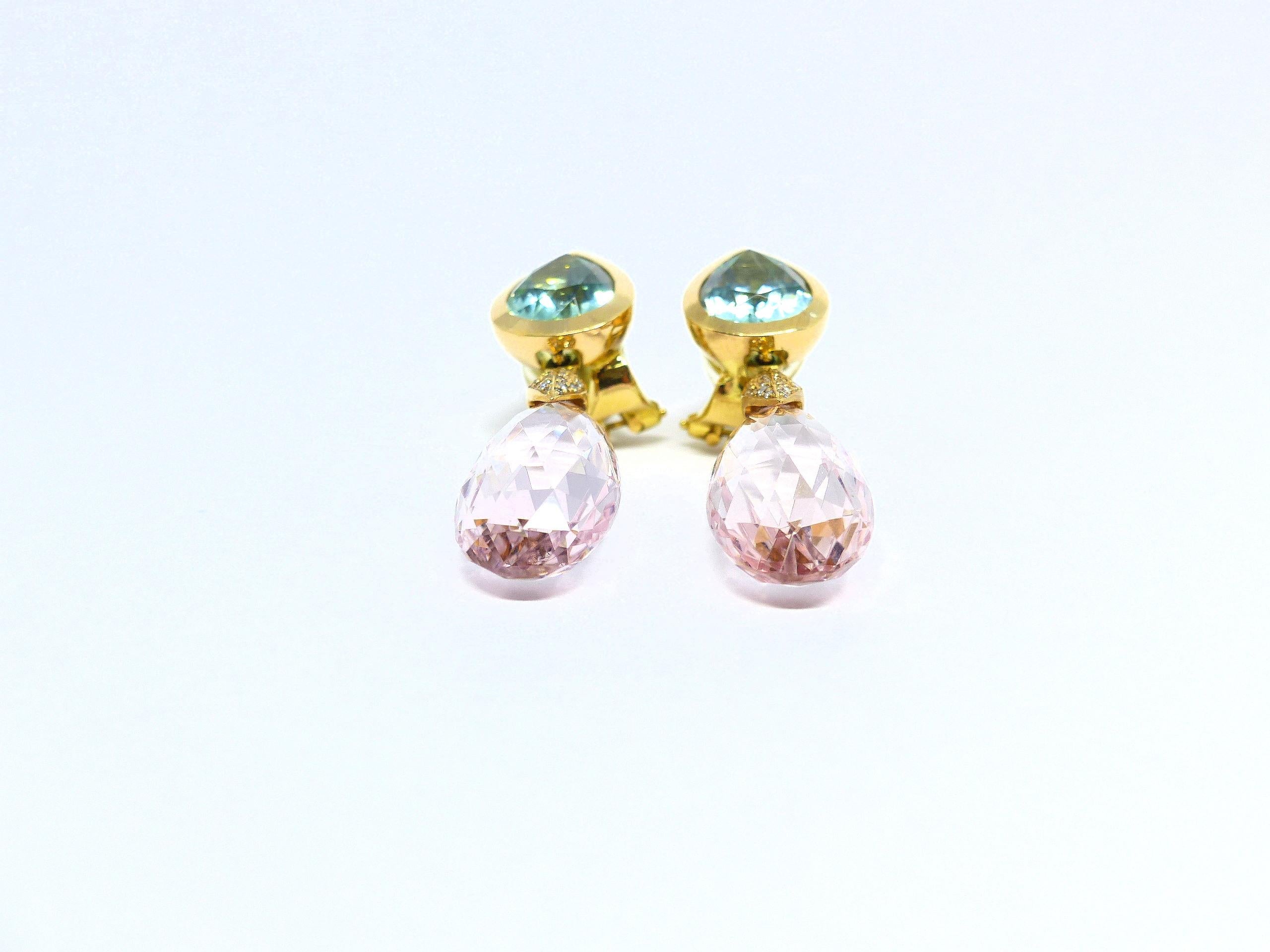 Contemporary Earrings in Rose Gold with 2 Morganite Briolets and 2 Heliodior and Diamonds For Sale