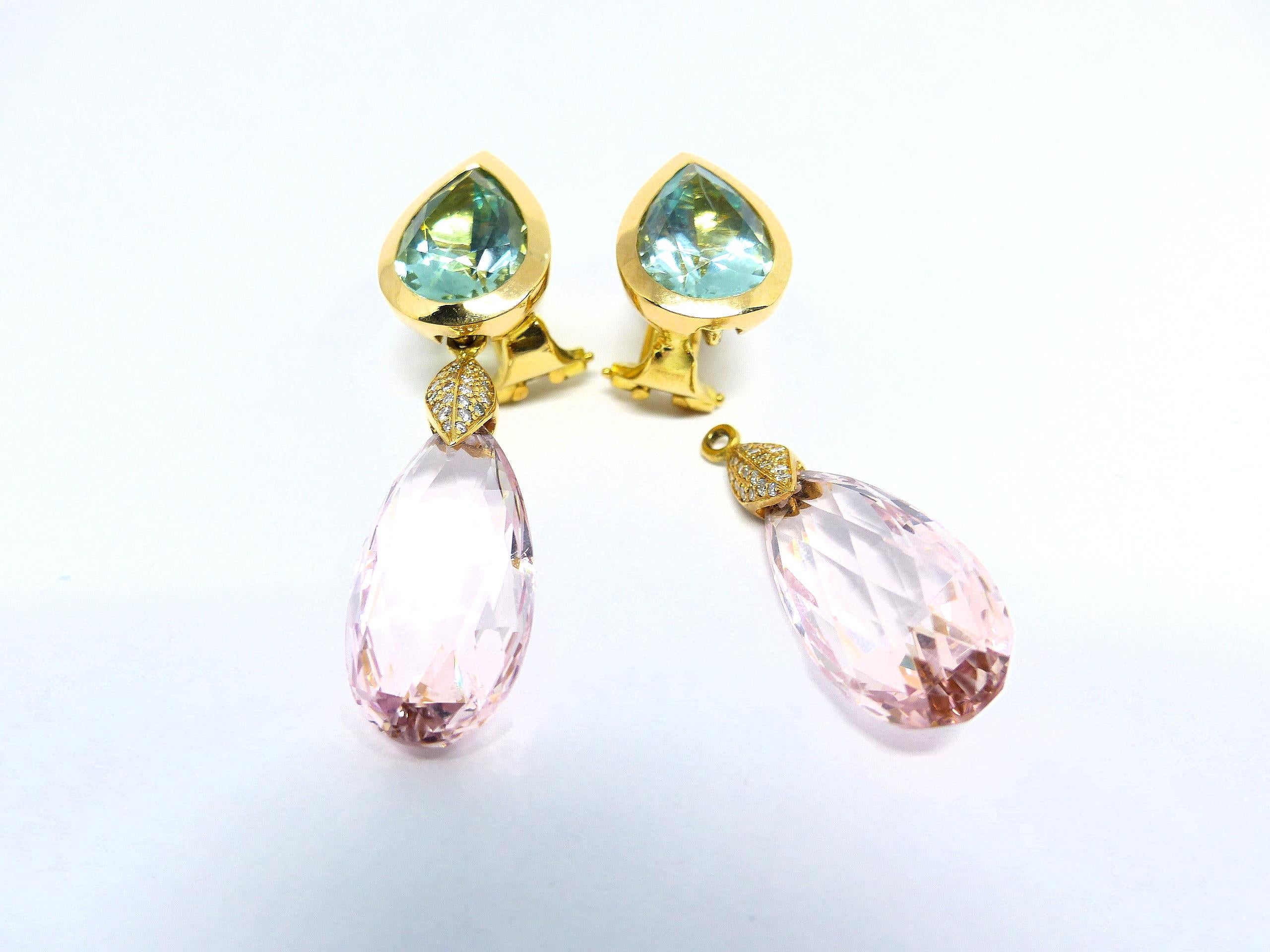 Briolette Cut Earrings in Rose Gold with 2 Morganite Briolets and 2 Heliodior and Diamonds For Sale