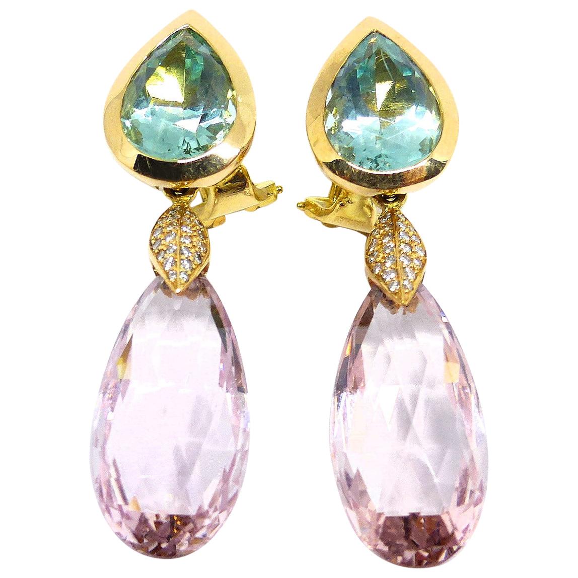 Earrings in Rose Gold with 2 Morganite Briolets and 2 Heliodior and Diamonds