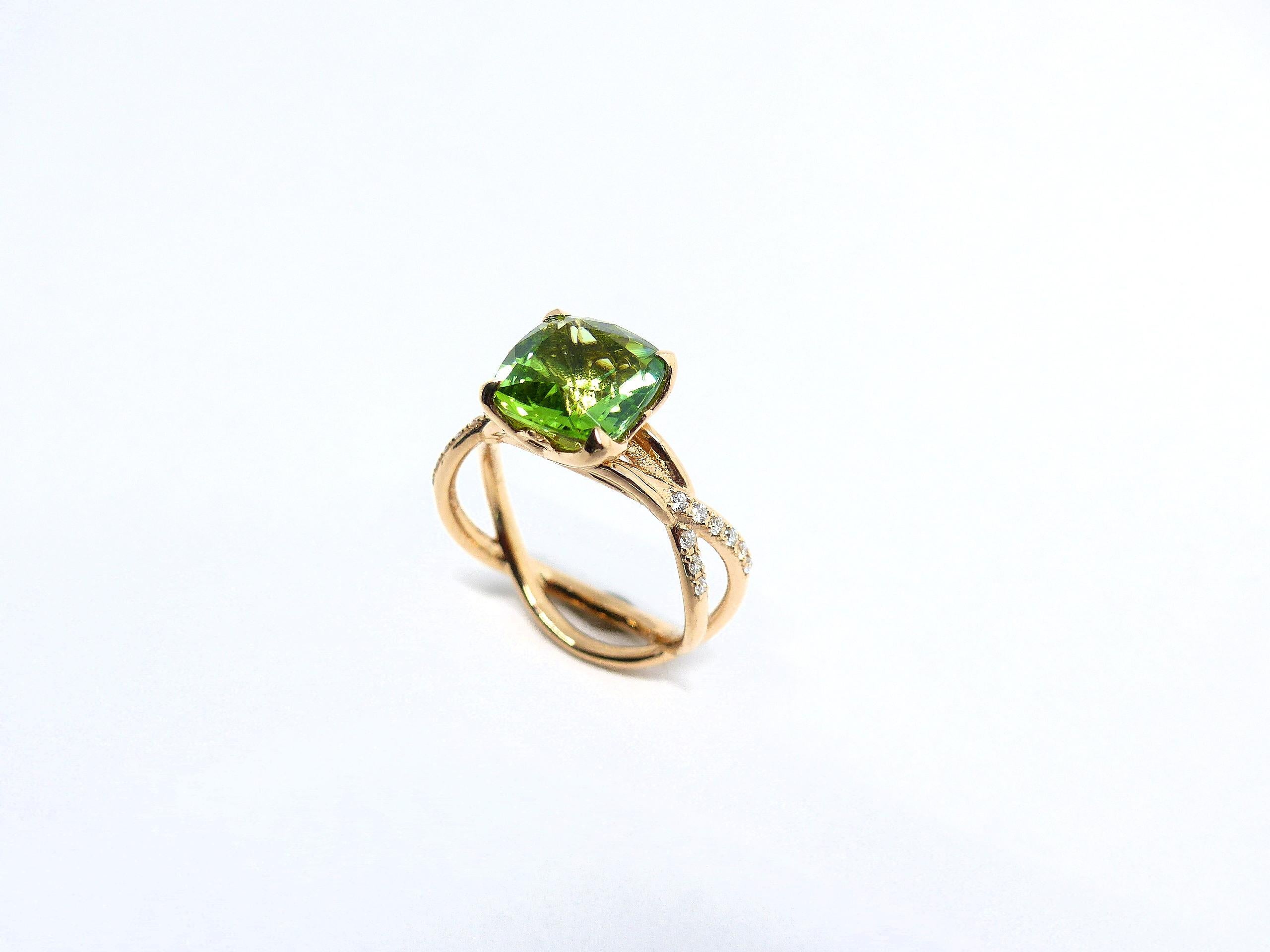 Cushion Cut Rose Gold 2, 94ct. Green Tourmaline Dome Ring For Sale
