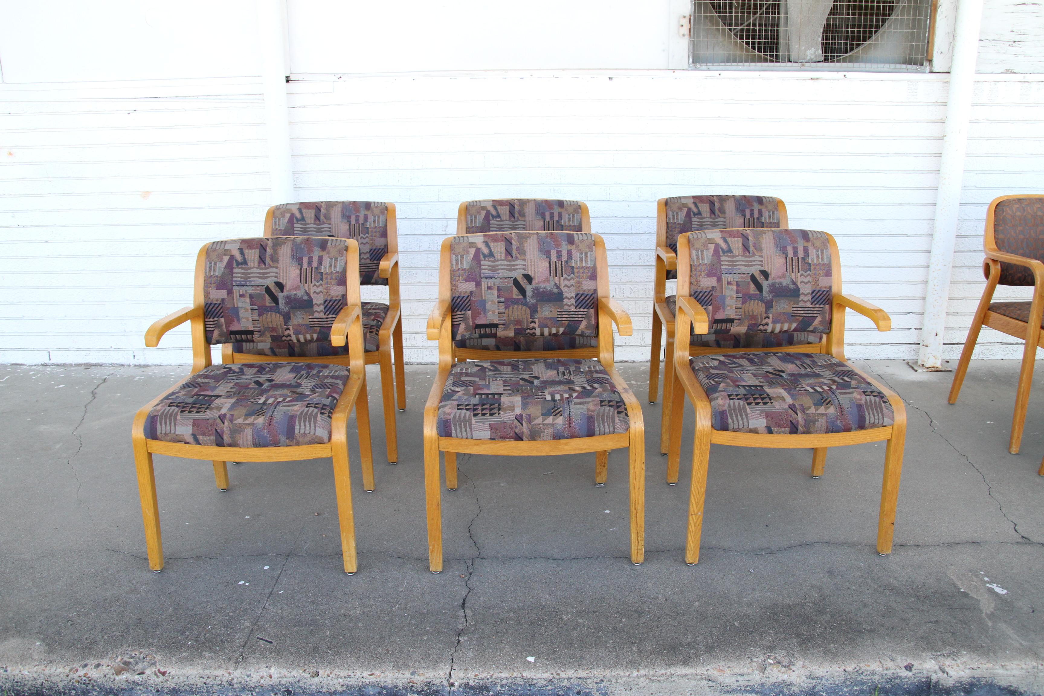 One Thonet Bentwood Dining Chairs
 1970s

 Rare oak bentwood dining chairs in a colorful upholstery.
We have 12 available

See similar chair in last photo in a dark stain that we can custamize for an addirional fee.

Dimensions: 22ʺW × 24ʺD ×