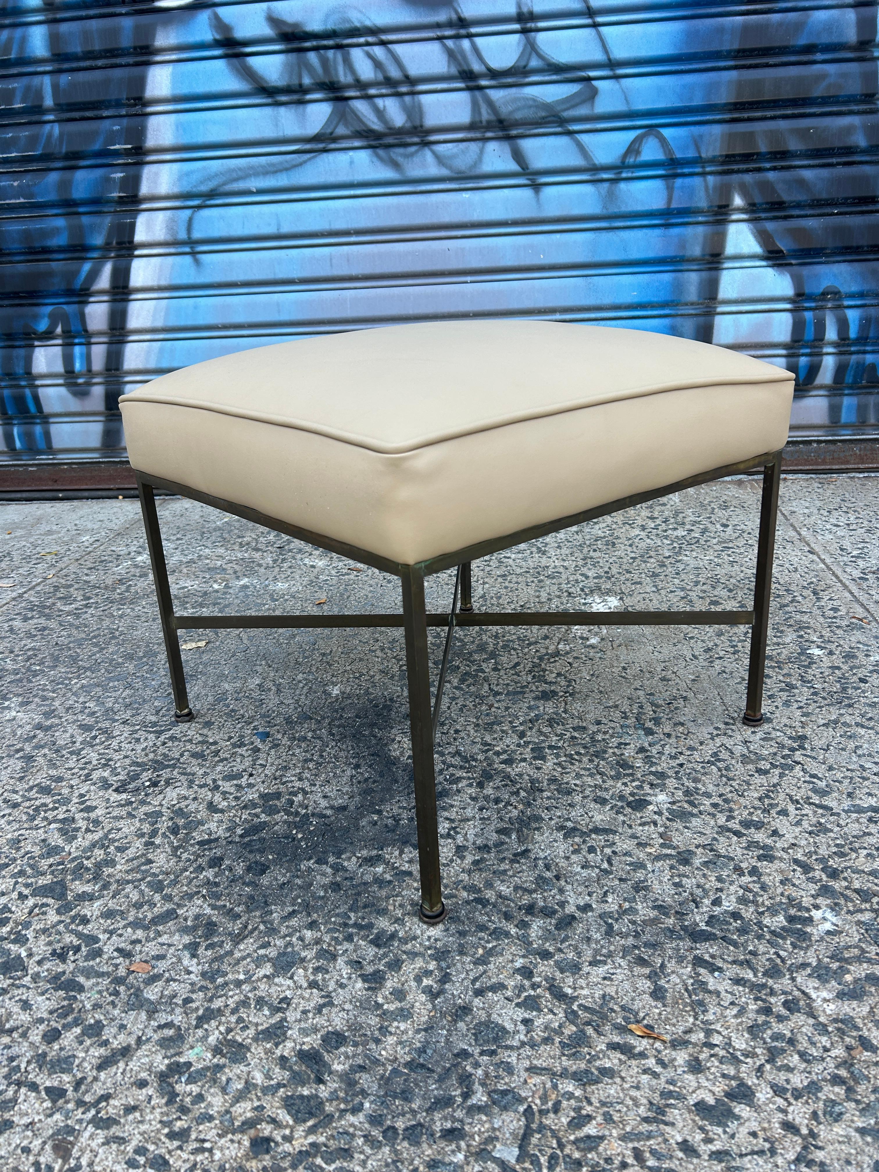 American (1) Midcentury Tan leather Paul McCobb Calvin Brass X Base stool For Sale