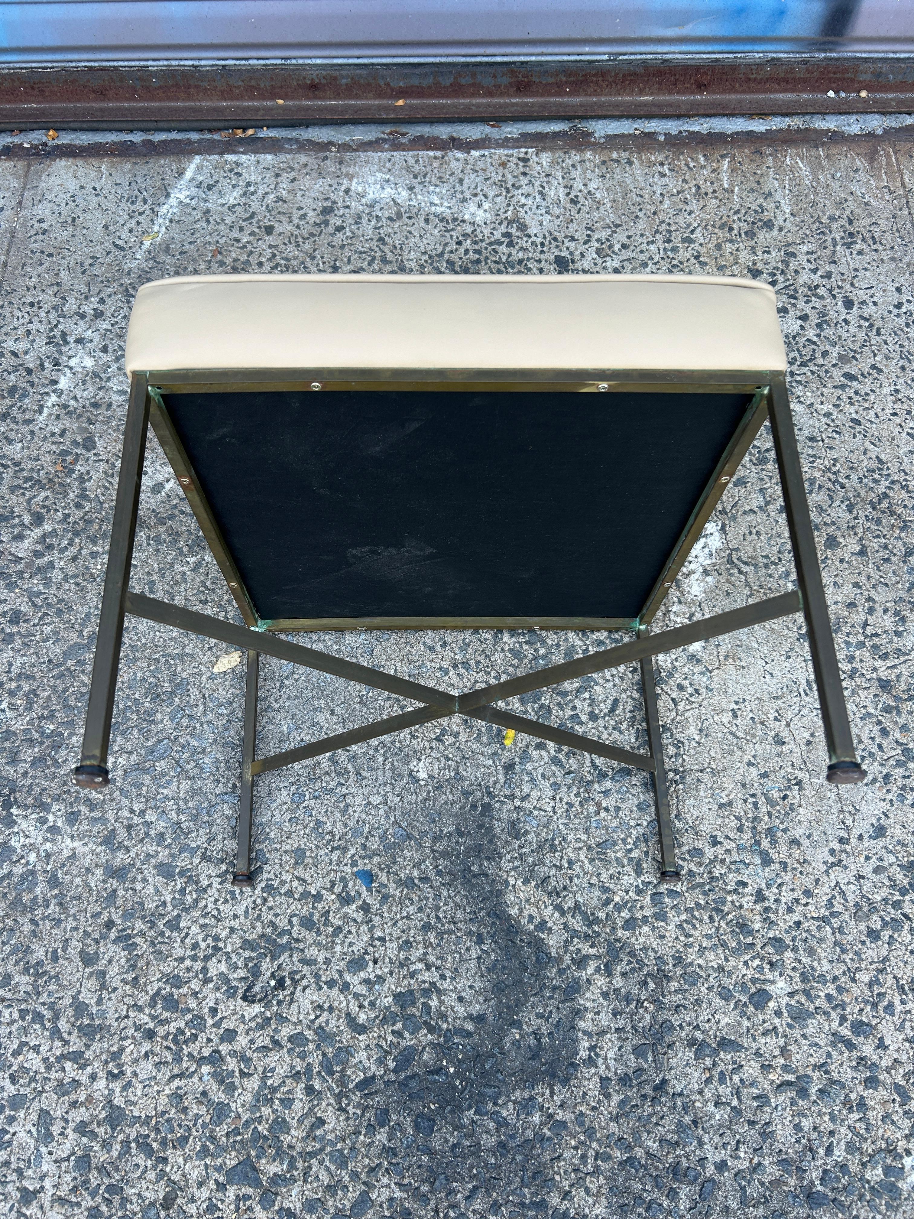 20th Century (1) Midcentury Tan leather Paul McCobb Calvin Brass X Base stool For Sale