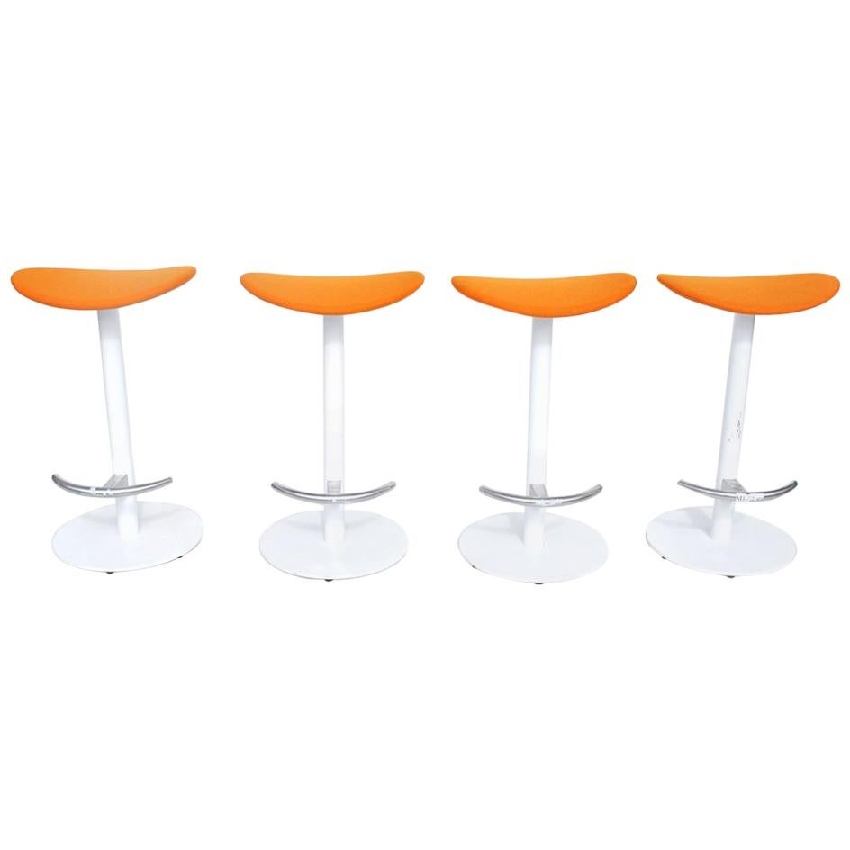 1 Modern Enea cafe counter stool by Josep Llusca.

Simple and elegant counter height stools complement any gathering space. Polished aluminum footrest with seat in bright orange fabric. Steel frame in white. 10 Available.
 
Measures: 15.75