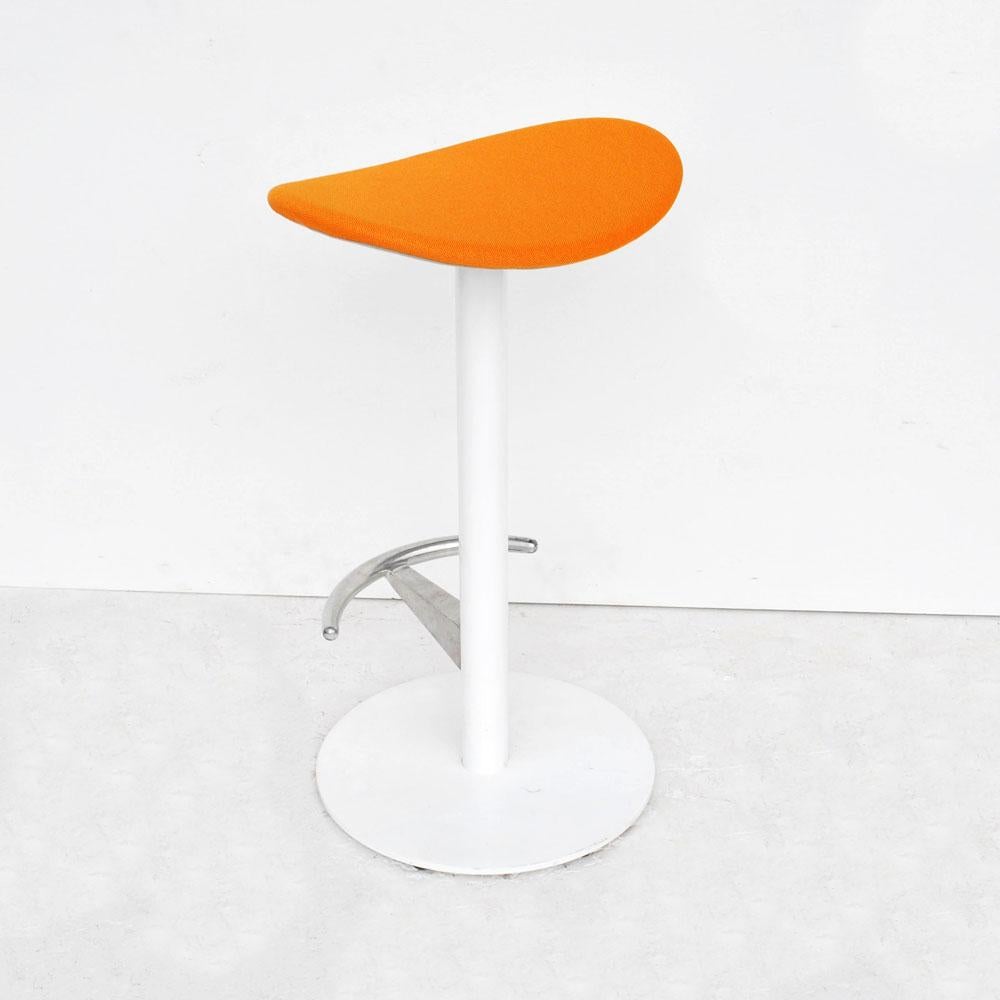1 Modern Enea cafe counter stools by Josep Llusca 

Simple and elegant counter height stools complement any gathering space. Polished aluminum footrest with seat in bright orange fabric. Steel frame in white. 24 available.
 
 Measure: 15.75