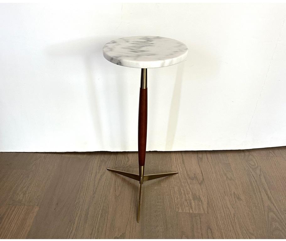 20th Century 1 Modernist Marble Top Walnut & Brass Tripod Martini Table