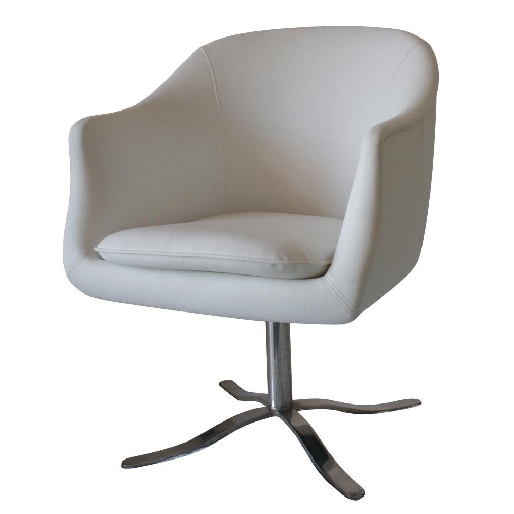 One Mid-Century Modern chair designed by Nicos Zogaphos. Four star stainless steel Alpha bases. Beautifully upholstered in white leather. Six available.