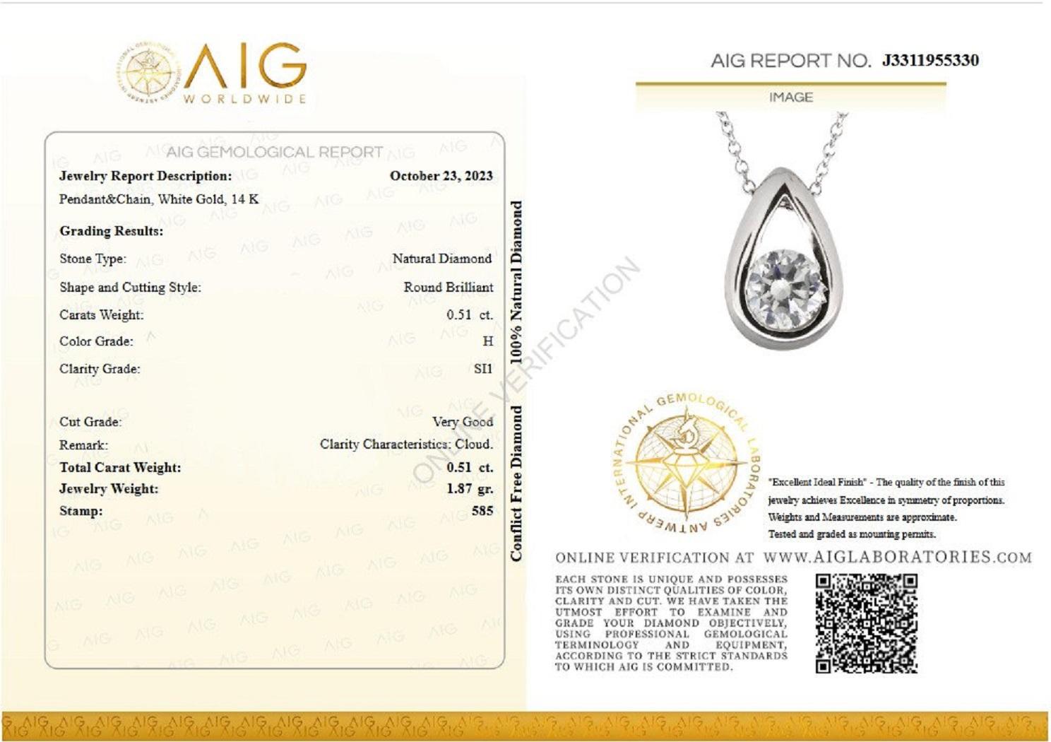$1 NO RESERVE! 0,51 Karat Diamant - 14 kt. Weißgold - Halskette mit Anhänger (Art déco)
