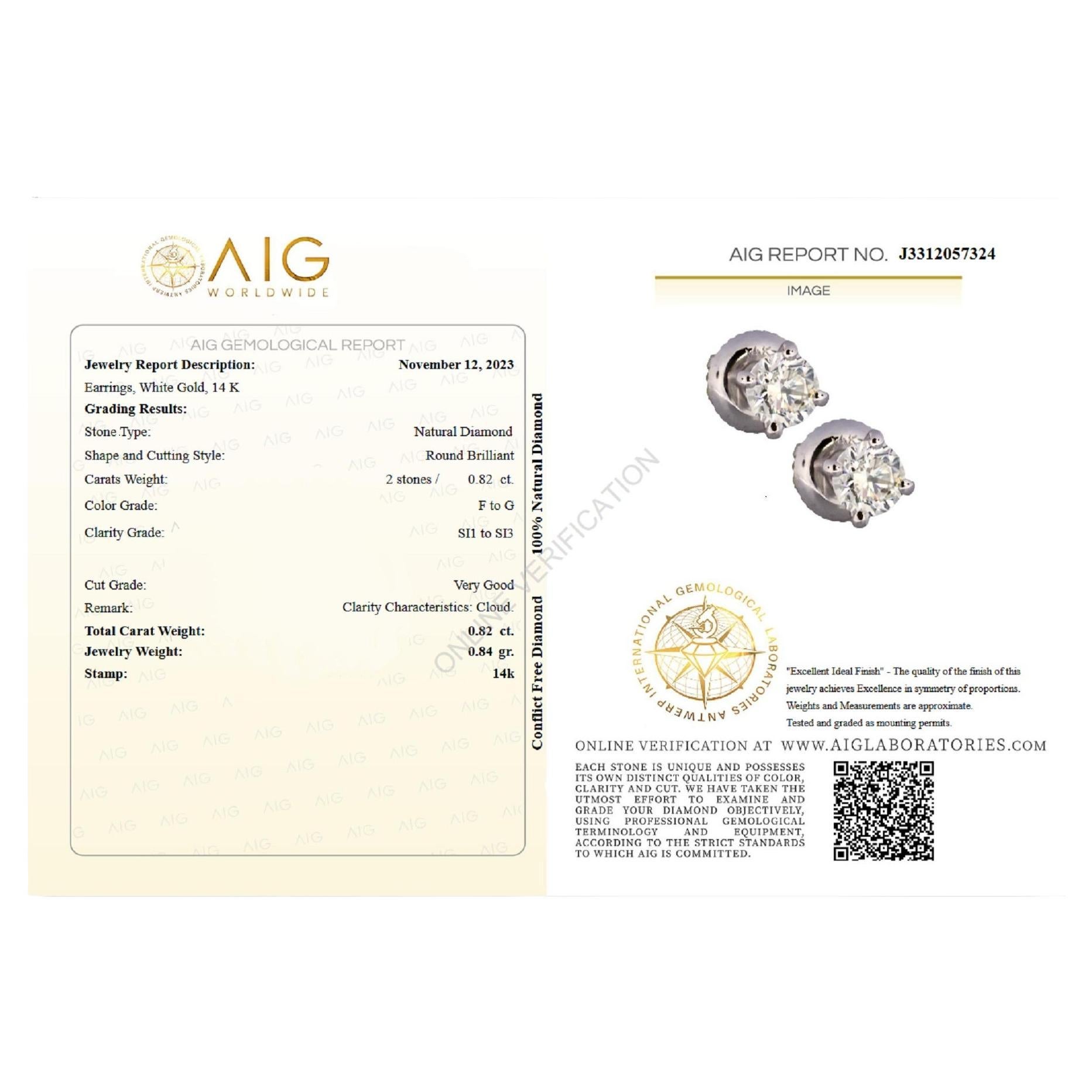 Don't miss your chance to own this unique and exquisite earrings of top quality.

Center Natural Diamonds:
Shape: Round Brilliant
Weight: 0.82 cttw / 2 stone
Color: F-G
Clarity: SI1-SI3
Clarity Characteristics: Cloud.

Size: 7.13 mm

VAT and